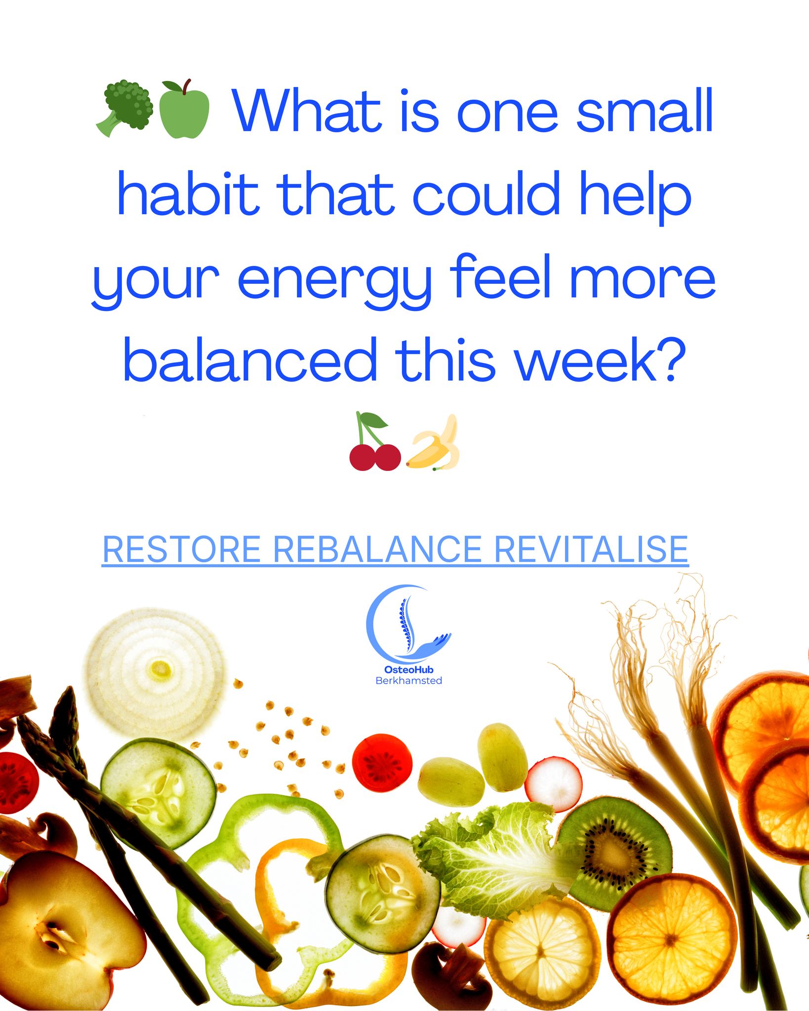 A simple reset for your energy this week
Try one balanced plate a day: fibre-rich carbs, quality protein and healthy fats to steady your blood sugar and keep your energy more even, instead of spiking and crashing. As you sit down to eat, take a short pause to notice your breath and the colours on your plate – a tiny check‑in that reminds your nervous system you’re safe to slow down and refuel.
#EnergyBalance #BalancedPlate #NourishToFlourish #Osteopathy #MusculoskeletalHealth #HealthyHabits #FoodForFocus