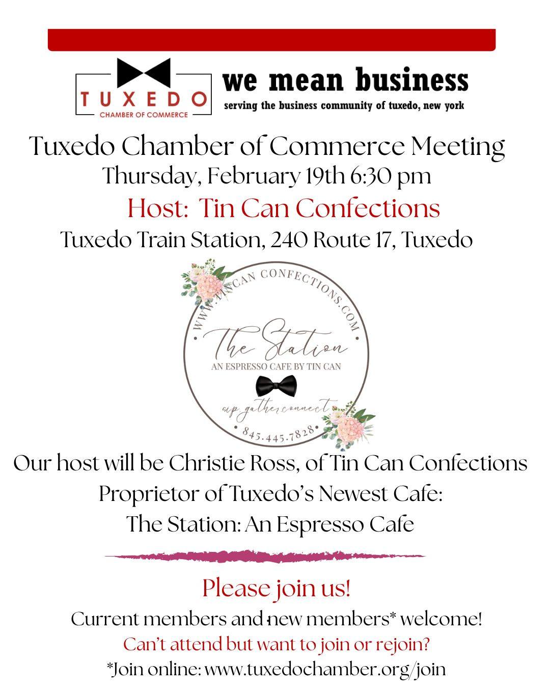 Next Meeting of the Tuxedo Chamber of Commerce is at Tuxedo's newest Cafe!
We are excited to announce that the next meeting of the Tuxedo Chamber of Commerce will be hosted by Christie Ross, owner of Tuxedo's newest cafe, The Station: An Espresso Cafe by Tin Can, opening soon at the Tuxedo Train Station. Get a preview of Tuxedo's newest business, where people can "sip, gather and connect"!
Thursday, February 19th
6:30 pm
Tuxedo Train Station
All members and potential members are invited! To join vist the Tuxedo Chamber website
#tuxedochamber
#stationbytincan
#tuxedochambermember