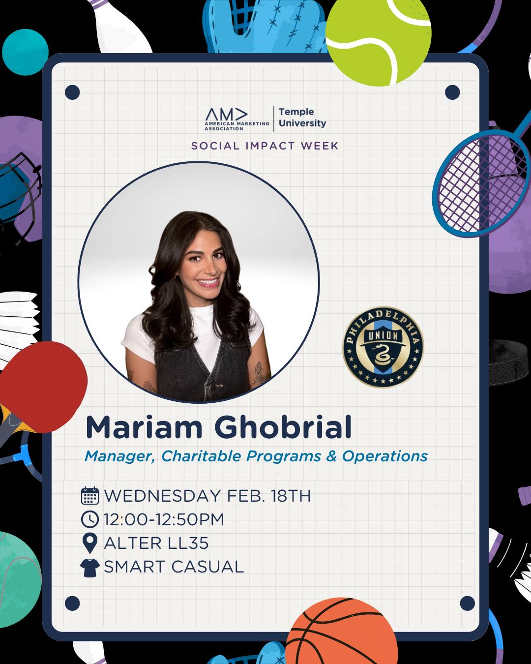 Day 3 of Social Impact Week is HERE! ⚽✨
Come through Alter LL35 from 12–12:50PM and hear from Mariam Ghobrial, Manager of Charitable Programs & Operations at the Philadelphia Union, on how sports can make a real impact in our communities.
Learn. Connect. Get inspired.
#TUAMA #SocialImpactWeek #ScoringBig #templemade