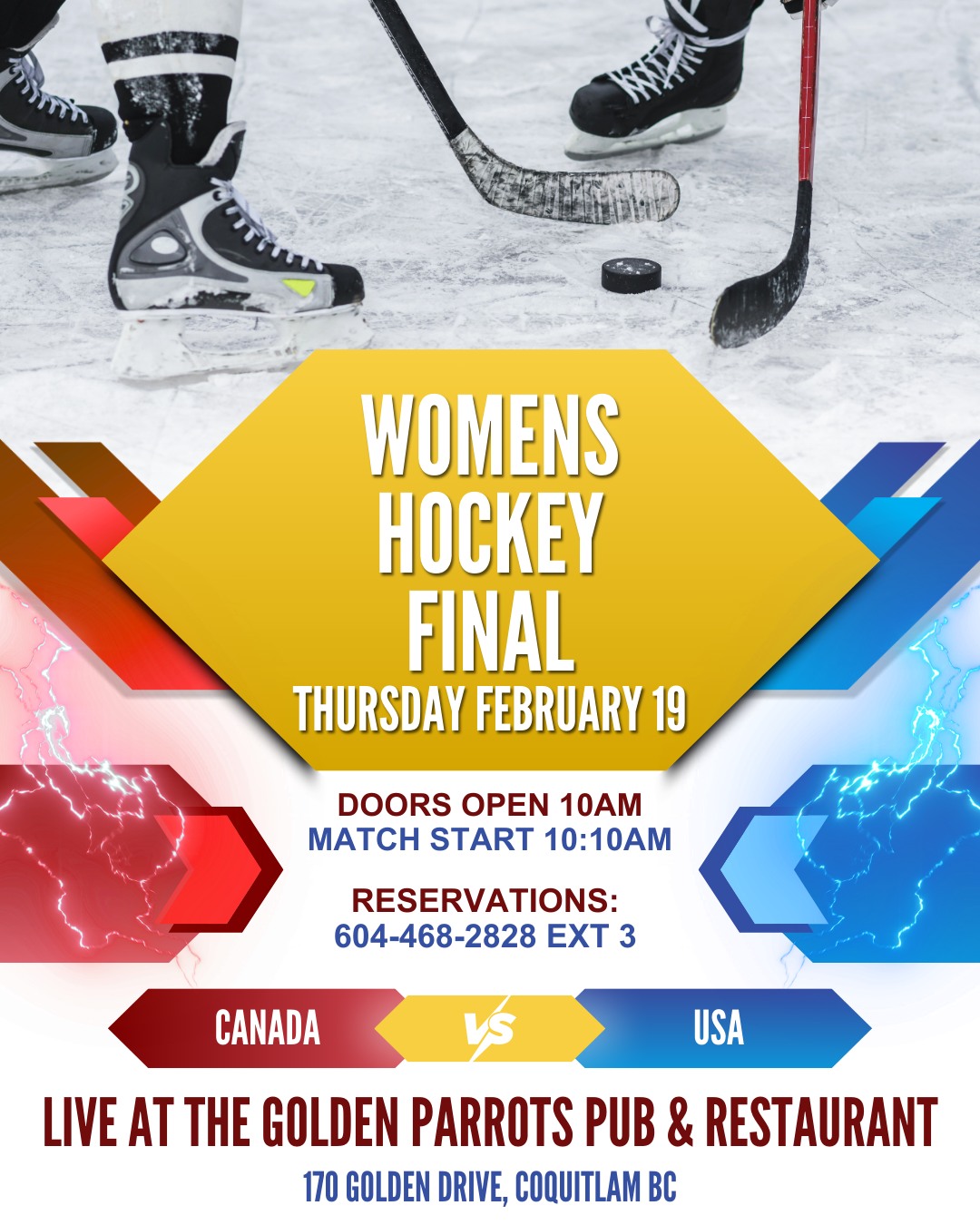 The Women’s Hockey Final is here.
Tomorrow, Thursday February 19, the Golden Parrots Pub & Restaurant is opening early so you can watch Canada take on the USA live with us.
Doors open at 10am
Match begins at 10:10am
Catch every minute on the our screens with full sound.
Reservations are recommended.
Call 604-468-2828 ext 3 to book your table.
We are hosting an independent viewing event at our pub. This event is not sponsored, endorsed, or affiliated with any league, federation, broadcaster, or organizing body.
Join us at:
Golden Parrots Pub & Restaurant
170 Golden Drive, Coquitlam, BC
#GoldenParrotsPub #SupportLocal #FamilyOwned #CoquitlamBC #TriCitiesBC #CoquitlamEvents #TriCitiesEvents #VancouverSportsFans #WomensHockey #CanadaVsUSA #HockeyFans #WatchLive #GameDay #LiveSports #LocalPub #CoquitlamPubs #VancouverPubs #CommunitySpot #YVREvents #CoquitlamEats