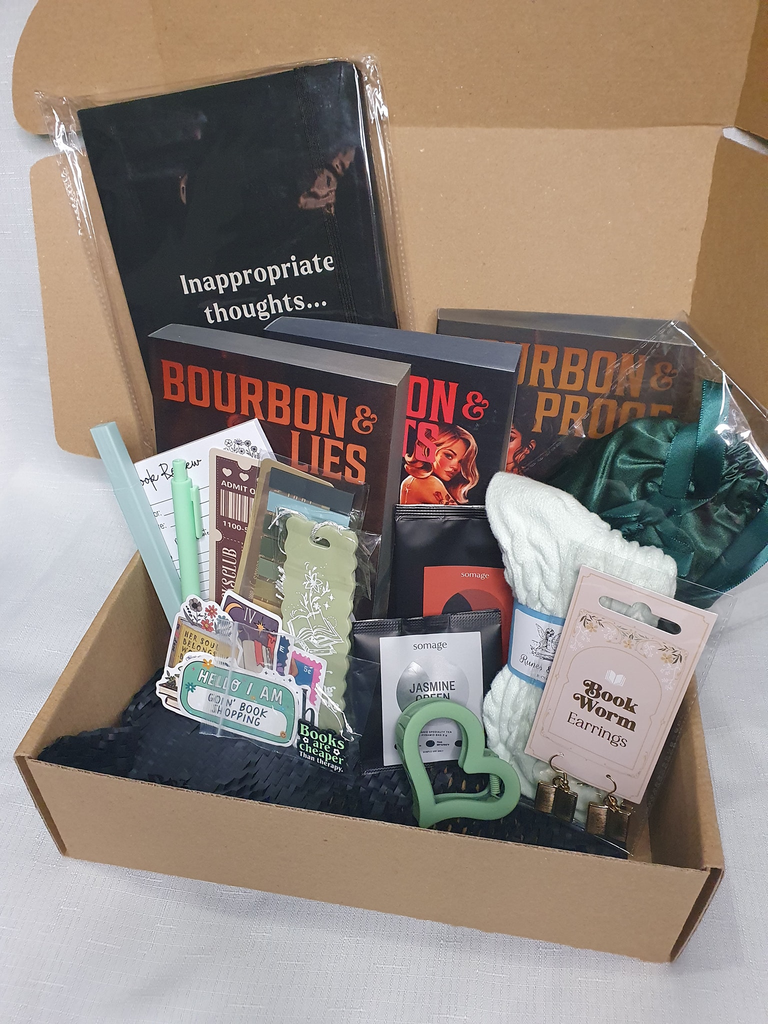 ✨️Did someone say set order!?!?!✨️
This special order came in asking for the full set of the Special Edition, Sprayed Edged Bourbon series! And really can you blame her? THESE BOOKS ARE STUNNING!
With a green colour focus where possible, while matching the vibe of the book, we were able to curate a box full of goodies. This Deluxe box included:
📚 All 3 sprayed edged books
📗 A naughty journal
🖊Annotation goodies
💚 A green pamper kit with scrunchie and sleep mask
🟢Claw clip and pin
🔖Not 1, not 2 but 3 bookmarks
☕️Yummy treats
🧦socks
💎Beautiful bookish earrings
This box was trully stuffed! The books are on the way to our amazing customer! We cant thank her enough for choosing to shop with us. I hope she can finally take some well deserved time out!
Remember you can order via our FB chat for custom order or for our website runesandromance.store
#wrappedwithlove #morethanabook #bookgifts #cozyreads #readingvibes #booksmakemehappy #bookbox #personalisedgifts #curatedgifts #bookishlove #booklovers #bookstgram #bookadict #TBRProblems #tbrpile #smallbusinessinperth #supportlocalbusiness #smallbusinessbigdreams #australiasmallbusiness #smallbusinessonline
#runesandromance #BOURBONseries #sexyread #spicybook #booktok