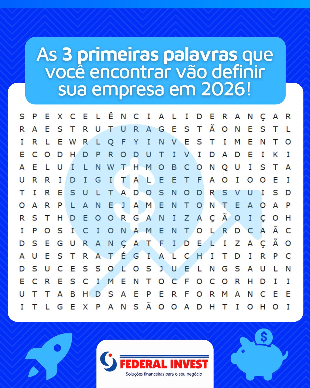 🔎✨ As 3 primeiras palavras que você encontrar vão definir sua empresa em 2026!
As primeiras palavras que chamarem sua atenção podem revelar o foco desse ano!
O sucesso começa com visão e planejamento, e a Federal Invest está ao lado das empresas que escolhem crescer com estratégia.
👇 Comente as 3 palavras que você encontrou.
#FederalInvest #GestaoFinanceira #Planejamento2026 #Empreendedorismo #CrescimentoEmpresarial #CapitalDeGiro