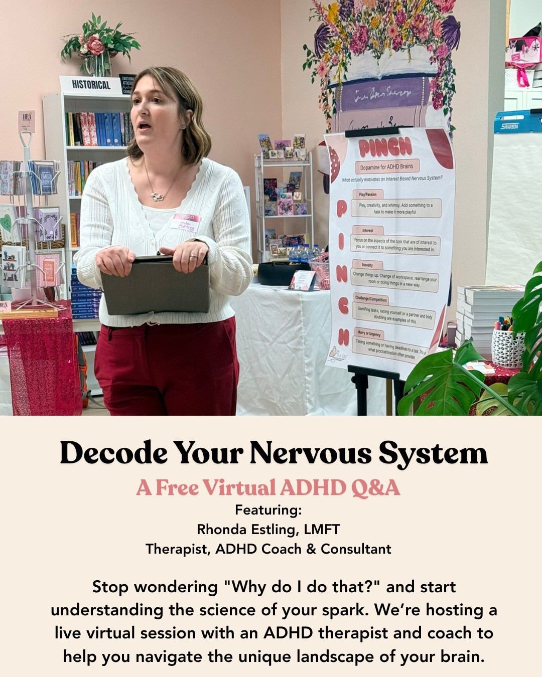 Stop wondering "Why do I do that?" and start understanding the science of your spark. We’re hosting a live virtual session with an ADHD therapist and coach to help you navigate the unique landscape of your brain. Check out the events in my linktree for more information and to RSVP. #adhd #adhdwomen #nervoussystem #mentalhealth