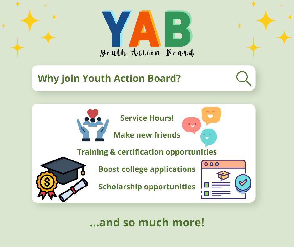 Why join Youth Action Board? The possibilities are endless!
Joining YAB opens doors for so many opportunities: new friendships, service hour fulfillments, a boost to your college application or resume, and even scholarship opportunities! These are just a few of the awesome aspects of YAB that our members experience. Interested? Email nocc@noccmi.org for more info!