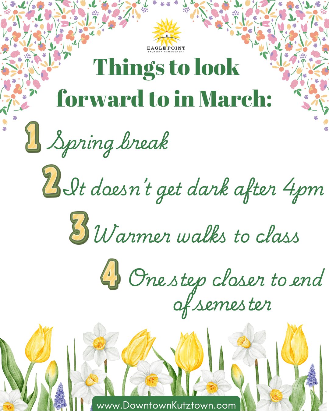 Spring break, sun, and serotonin are on the way. March, we’re rooting for you 🌱
#MarchEnergy #Spring #eaglepoint #downtownkutztown #KU #goldenbears #kutztownuniversity #livehowyouwantto #EPPM #March