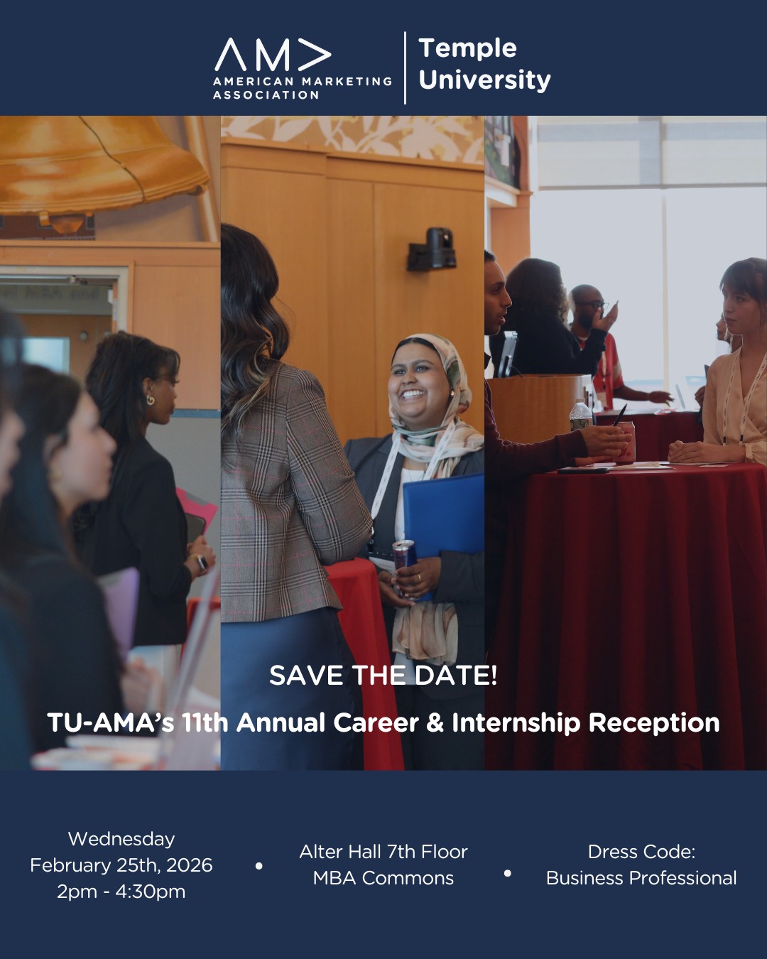 🎉 Join us for the **11th Annual TU-AMA Career & Internship Reception!** 🎉
Looking to connect with industry professionals and explore career & internship opportunities? This is your chance!
📅 **February 25th**
⏰ **2:00 – 4:30 PM**
📍 **Alter Hall, 7th Floor**
👔 **Dress Code: Business Professional**
✨ FREE for TU-AMA members
✨ Open to ALL students
Come network, build meaningful connections, and take the next step toward your future. We can’t wait to see you there! 🚀
Link in Bio to Register!