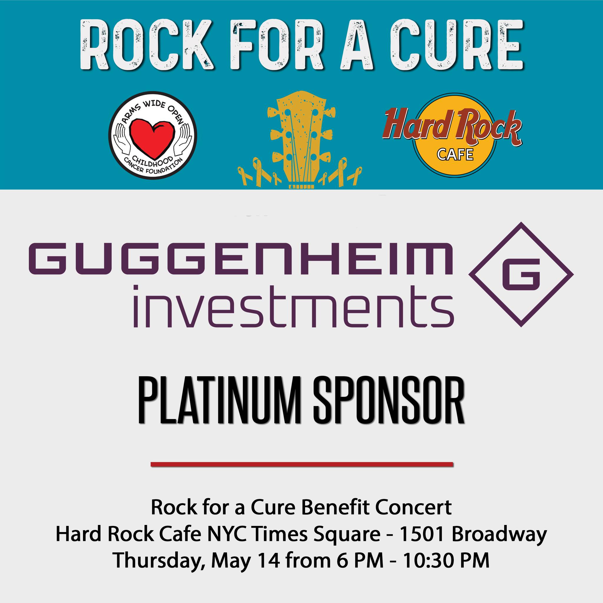 A huge shout out to Guggenheim for being a Platinum Sponsor of our upcoming event, Rock for a Cure! We appreciate their support!
Rock for a Cure is May 14, 2026 from 6 p.m. to 10:30 p.m. at the iconic Hard Rock Cafe in Times Square. Tickets are $150 per person and includes a premium open bar and food. Proceeds will be used to fund childhood cancer research and family support.
Get your tickets or become a sponsor at: https://givebutter.com/RockforaCure26
About Guggenheim:
Guggenheim Investments is the global asset management and investment advisory division of Guggenheim Partners with assets across fixed income, equity, and alternative strategies. They focus on the return and risk needs of insurance companies, corporate and public pension funds, sovereign wealth funds, endowments and foundations, wealth managers, and high-net-worth investors.