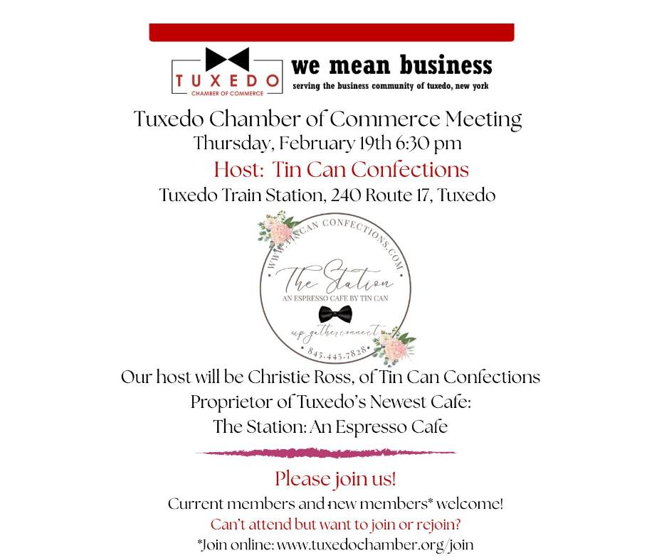 Next Meeting of the Tuxedo Chamber of Commerce is at Tuxedo's newest Cafe!
We are excited to announce that the next meeting of the Tuxedo Chamber of Commerce will be hosted by Christie Ross, owner of Tuxedo's newest cafe, The Station: An Espresso Cafe by Tin Can, opening soon at the Tuxedo Train Station. Get a preview of Tuxedo's newest business, where people can "sip, gather and connect"!
Thursday, February 19th
6:30 pm
Tuxedo Train Station
All members and potential members are invited! To join vist the Tuxedo Chamber website.