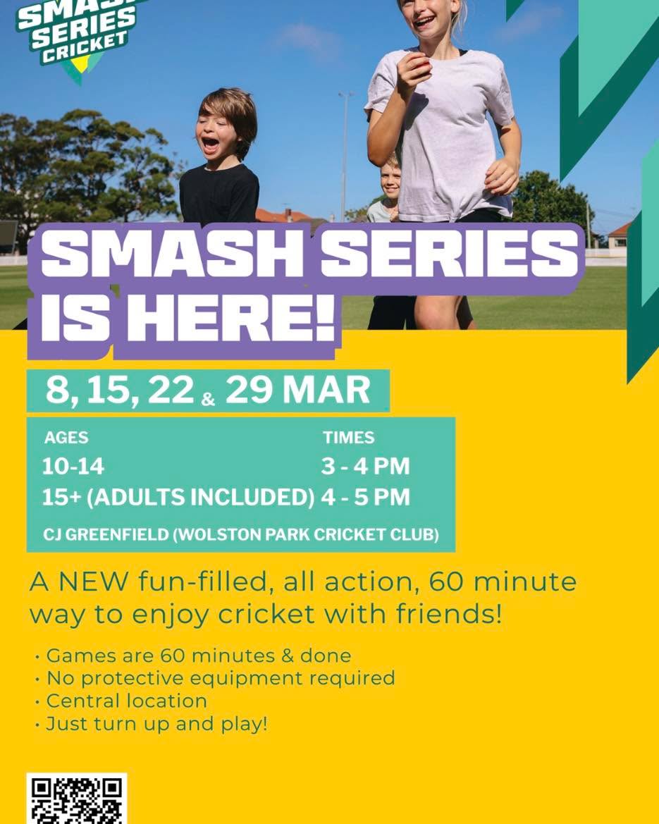 Queensland Cricket is hosting Social Smash, an exciting new program at WPC Cricket on the synthetic pitch ovals at CJ Greenfield in March. Smash Series is a fast-paced, high-energy format perfect for players of all skill levels.
This version of cricket is safe, fun, and easy to pick up and no protective equipment is required.
The program runs for 4 weeks, every Sunday from 8th March-29th March 2026.
It’s a mixed social competition and the age groupings are:
10-14 years – 3-4 pm
15 years to adult – 4-5pm
Cost
The cost is $40 ($10/week) + Cricket Australia insurance which includes all equipment during the sessions, Qld Cricket coaches and lots of fun!!!
If you are a junior player and want a bit of extra cricket you might be interested. If you are an adult – a current player, parent, volunteer, supporter, community member who may want to dredge up those cricket skills from your past or have an interest in this fun, new competition you might consider giving this a go.
To Register
Use this link: https://www.playhq.com/cricket-australia/register/782b7b or scan the QR code in the flyer below.
For more Information
Contact Ellen secretary@wpccricket.com.au #cricket #wpccricket #wolstonparkcricketclub #qldcricket #cricketsupersmash