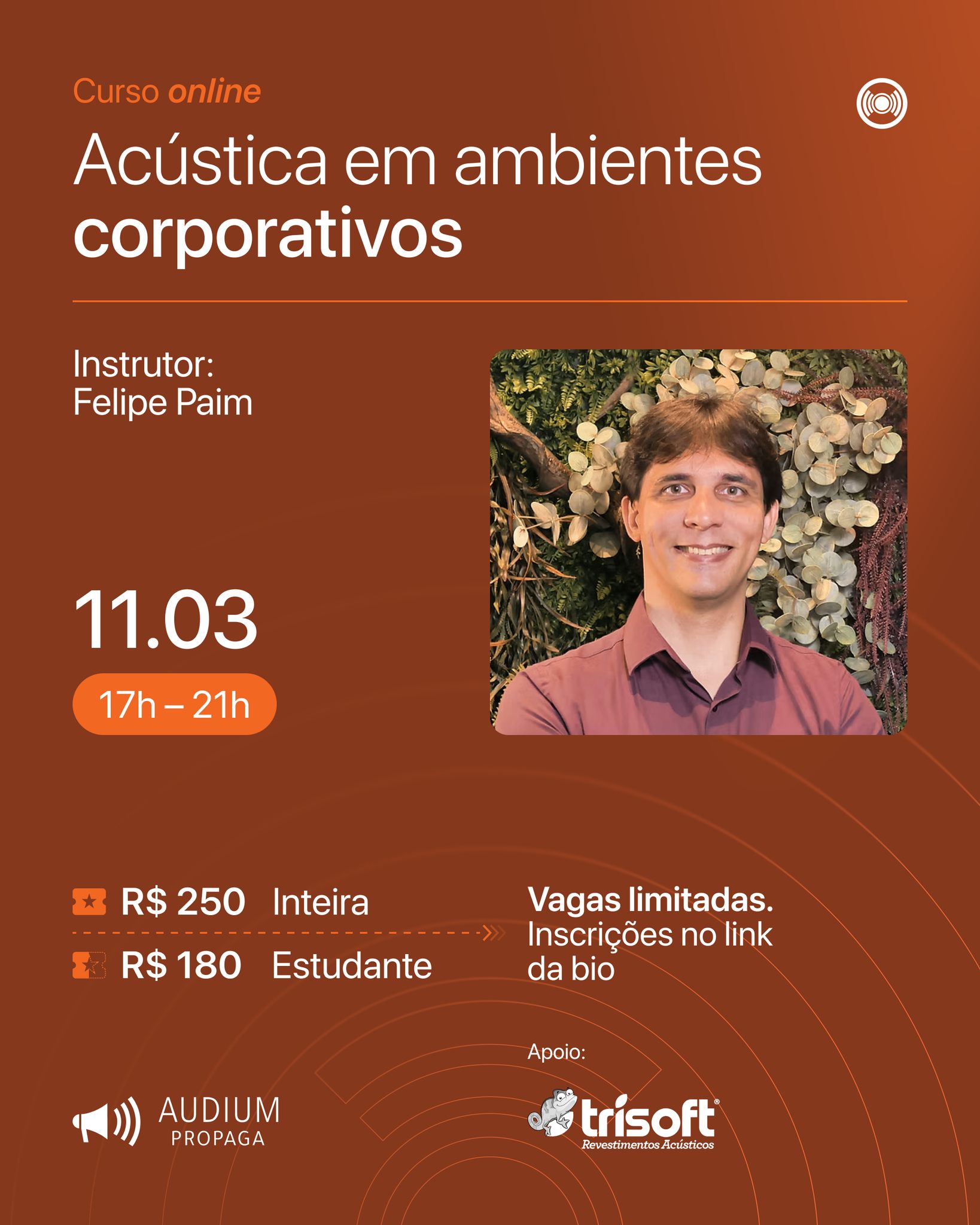 Não deixe passar essa oportunidade de elevar o nível dos seus projetos.
Valorizar e incorporar a acústica em ambientes corporativos é um diferencial real e uma necessidade para criar ambientes produtivos, saudáveis e confortáveis desde o início do projeto.
Garanta a sua vaga. Inscreva-se no link da bio!