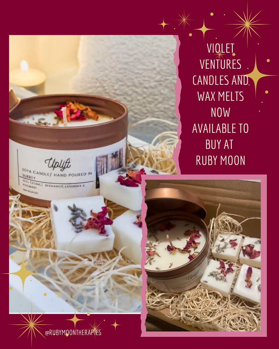 We are so excited to be stocking @violetventures_ candles and wax melts at Ruby Moon !
There are a few different scents available - each one just as amazing as the others ✨
They would make the most perfect gifts for Mother's day so why not have a little look when you visit the salon for your appointments !
#supportsmallbusiness #rubymoontherapies #candlesandwaxmelts #handmadecandles #smallbusiness #horleysalon #surreysalon