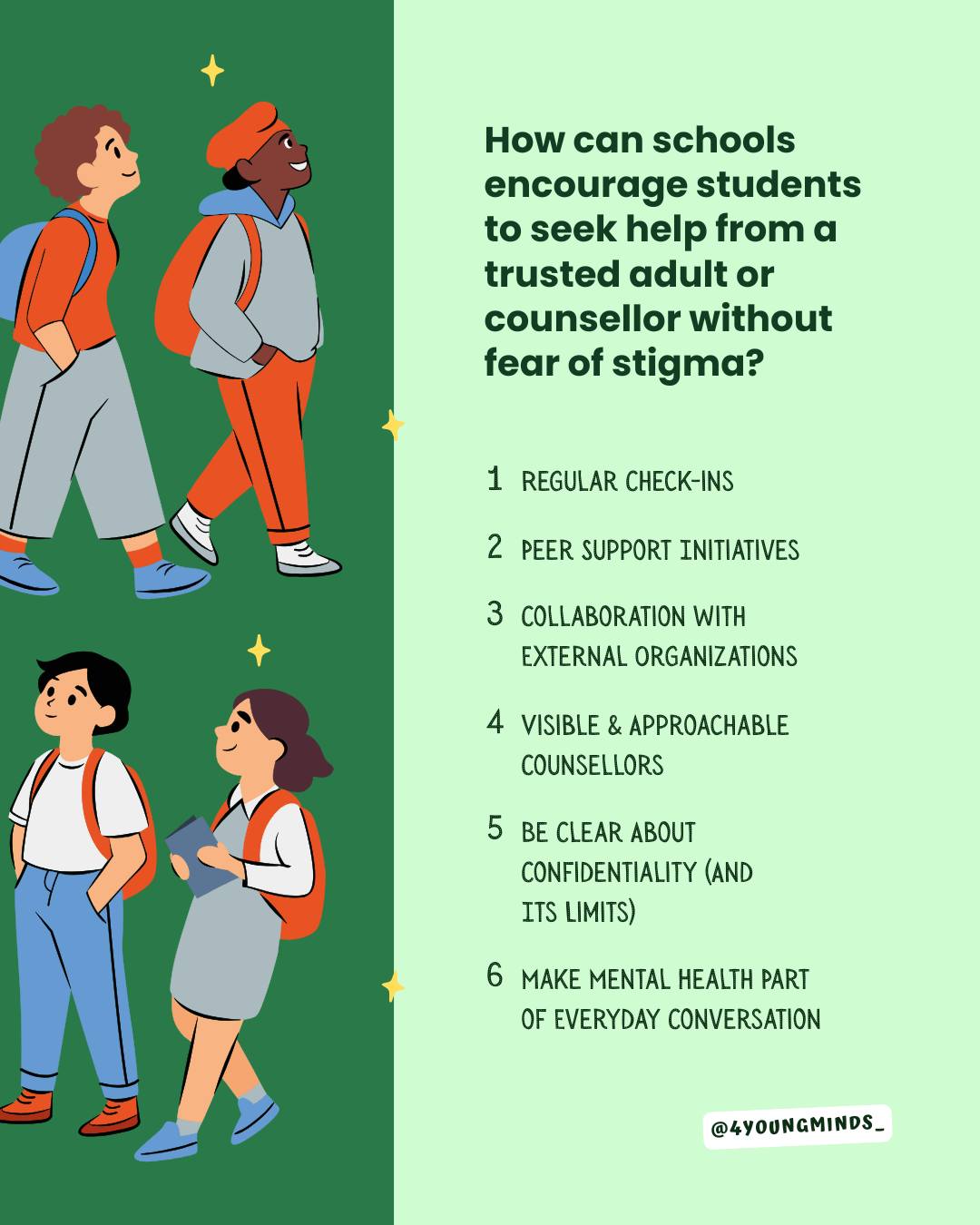 Schools are where young people spend a large portion of their lives ( around 190 days in a year!), and mental health education can provide them with tools to manage emotions, cope with stress, and build resilience. When students understand their mental health, they can better navigate life’s challenges.
Incorporating mental health education into schools is more than just teaching students to cope—it’s about creating a safe and supportive environment where young people can thrive emotionally and academically.
Do you know any other ways schools could encourage students to seek help from a trusted adult or counsellor without fear of stigma?
#4youngminds #schoolmentalhealth #mentalhealtheducation #talkaboutit #breakthestigma