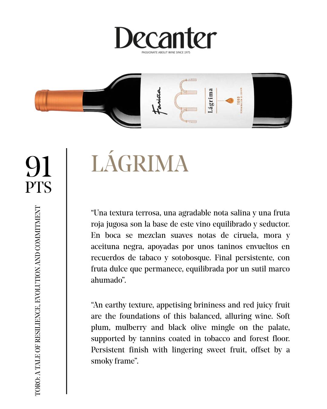 Grandes noticias para dos de nuestros vinos 🍷 La revista @decanter ha dedicado un especial a la DO Toro (@vinodetoro) como ejemplo de resiliencia, evolución y compromiso.
En ese contexto, nuestros vinos han sido puntuados con:
✨ 93 puntos – Lágrima 2023
✨ 91 puntos – Colegiata Malvasía 2024
Un reconocimiento que nos alegra especialmente porque refleja dos caras de nuestra tierra: la profundidad y carácter de la Tinta de Toro en Lágrima, y la elegancia aromática de la Colegiata Malvasía.