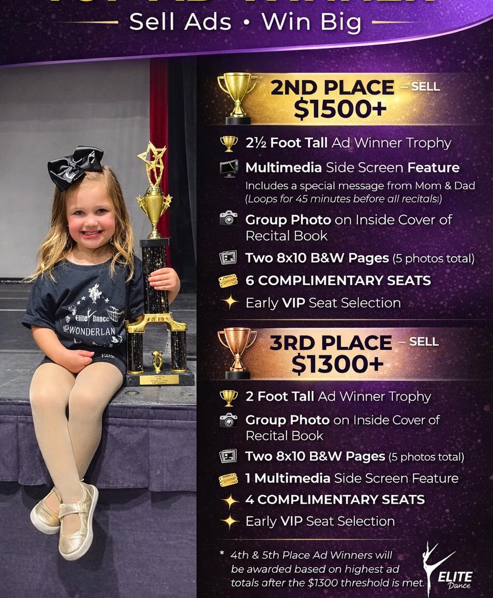 LOVE THAT SMILE?! 😍
That could be YOUR dancer holding a trophy on recital stage!
💜 Sell ads.
🏆 Win BIG.
📸 Be featured in the recital book & on screen.
Whether you’re going for TOP AD WINNER or one of our Ad Contest tiers, every dancer has a chance to shine!
✨ Let’s make this recital unforgettable ✨
#EliteDance
#TopAdWinner
#DanceMomProud
#RecitalSeason
#SellAdsWinBig
#EliteDanceFamily
#DanceGoals