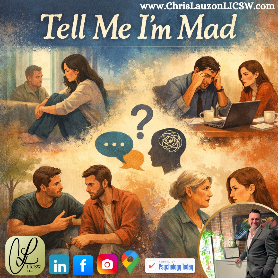New Blog Post 👉 “Tell me I’m mad.”
“You’re in a bad mood.” “You’re overreacting.” “You’re taking that too personally.” “You’re being difficult.” “You’re always such a downer.”
These statements show up everywhere, not just in romantic partnerships, but among friends, family members, colleagues, and even passing acquaintances. They often land as conclusions rather than invitations. Diagnoses rather than curiosity. LINK IN BIO
#MentalHealth #SelfCare #PersonalGrowth #MentalWellness #Mindfulness #Friendship #PersonalJourney #EmotionalHealth #MassachusettsMentalHealth #OldMentalMuscle #NewMentalMuscle #SelfImprovement #Trauma #Motivation #MentalStrength #SelfAwareness #WellBeing #PresentSelf #SelfLove #HealthyCommunication #ChrisLauzonLICSW #TherapyBoston #LICSW #Therapist #Counseling #Clinician #Change @aetna @bluecrossma @cignahealthcare @unitedhealthcare @psych_today @headway @masocialworkers @point32health