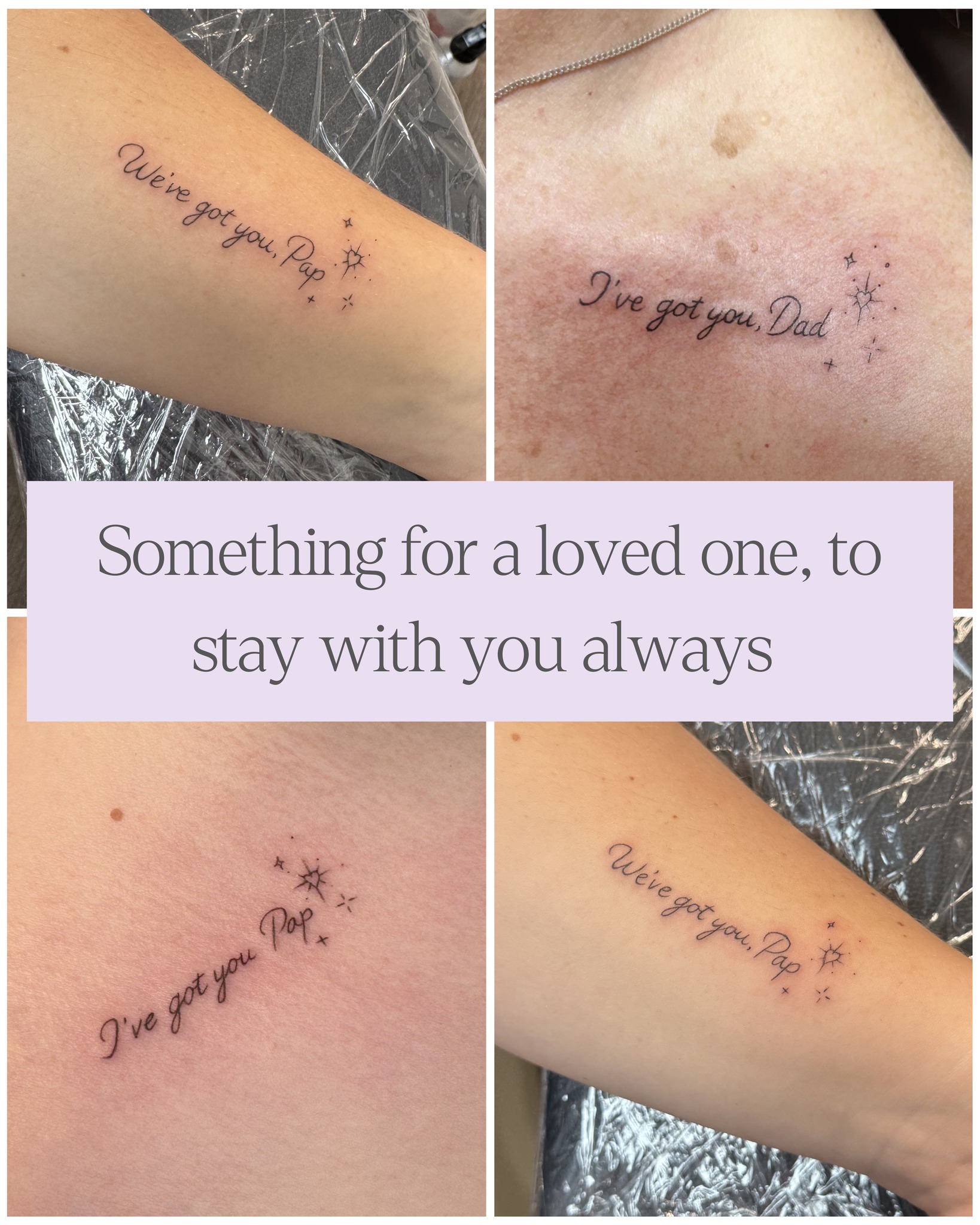 “I’ve got you.” ✨
The most special tattoos are the ones that hold someone close, forever.
Soft script, delicate stars, and a message that means everything.
A little reminder that love never leaves. 🤍
#FineLineTattoo #MemorialTattoo #ScriptTattoo #MeaningfulInk #TattooForDad #InLovingMemory #DelicateTattoo #MinimalInk #SmallTattoo #TattooWithMeaning #FineLineUK
