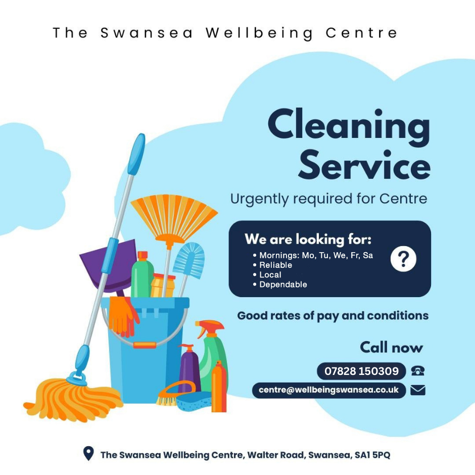 The Swansea Wellbeing Centre is urgently looking for a reliable, local and dependable cleaner to join our friendly centre team.
Hours required:
Monday, Tuesday, Wednesday, Friday & Saturday mornings
We offer:
✔️ Good rates of pay
✔️ Supportive working environment
✔️ A welcoming community-based setting
Our centre is home to therapists, wellbeing practitioners and community projects – so maintaining a clean, calm environment is very important to us.
If you’re interested or would like to find out more, please call 07828 150309 or email centre@wellbeingswansea.co.uk
Please share to help us find the right person 🙏
#cleaningjob #wellbeingswansea #wellbeingforall