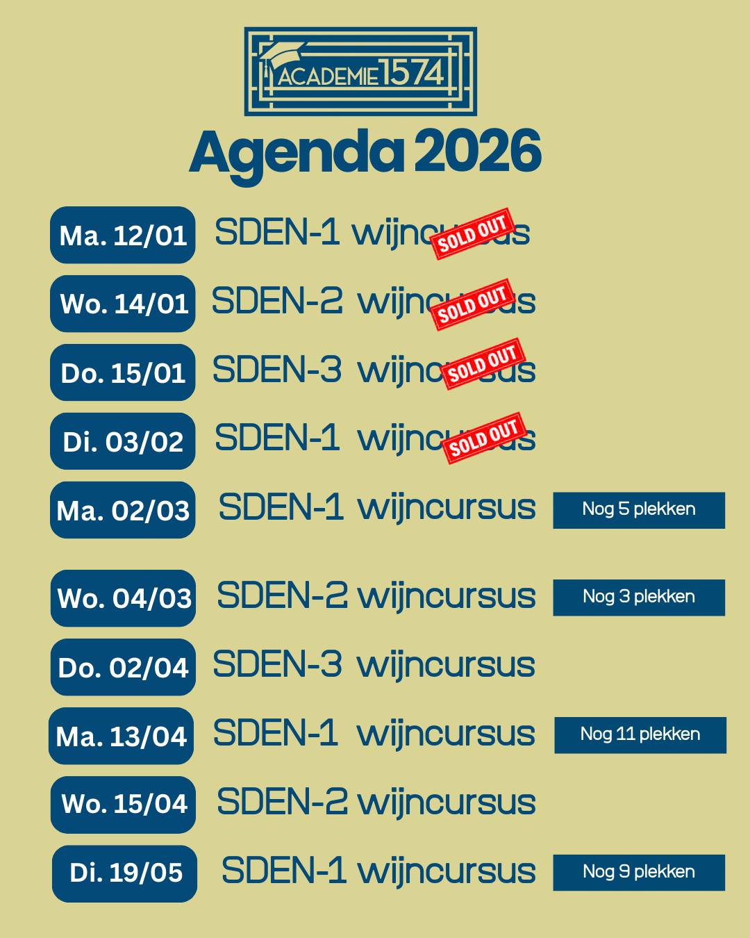 Onze SDEN-cursussen lopen hard en dat is te zien.
De eerstvolgende SDEN-1 wijncursus begint op maandag 2 maart en er zijn nog maar een paar plekken beschikbaar.
Wil je meer leren over wijn, smaken herkennen en met meer vertrouwen kiezen (én proeven 😉)?
Dan is dit hét moment om in te stappen bij Academie 1574.
⏳ Vol = vol