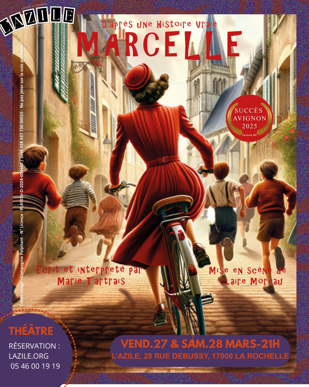 🎭Retrouvez Marcelle le vendredi 27 et samedi 28 mars à l'Azile.
Marcelle, elle croque la vie à pleines dents, elle aime danser, elle adore les gens, elle croit en la Providence et elle déteste l’injustice sociale.
Marcelle, c'est comme ce colibri qui tente d'éteindre un feu de forêt en apportant de l'eau dans son bec. Même si ça peut paraître insuffisant, elle fait sa part.
Inspiré d'une histoire vraie, ce spectacle dans lequel l'humour et l'émotion s'entremêlent, vous touchera en plein cœur.
Vous plongerez dans l'univers de Marcelle Joubert, cette héroïne à l'énergie débordante qui croque la vie à pleines dents et qui la consacre au service des autres. Dans ce seule-en-scène rythmé, la comédienne incarne avec talent et authenticité une dizaine de personnages dont celui de Marcelle. À travers des anecdotes parfois loufoques, parfois touchantes, elle aborde des thèmes profonds comme l’injustice sociale et le don de soi.
Vous ressortirez de ce spectacle le cœur léger et avec l'envie d'œuvrer pour un monde meilleur.
🎫Billetterie : lazile.org - 05 46 00 19 19