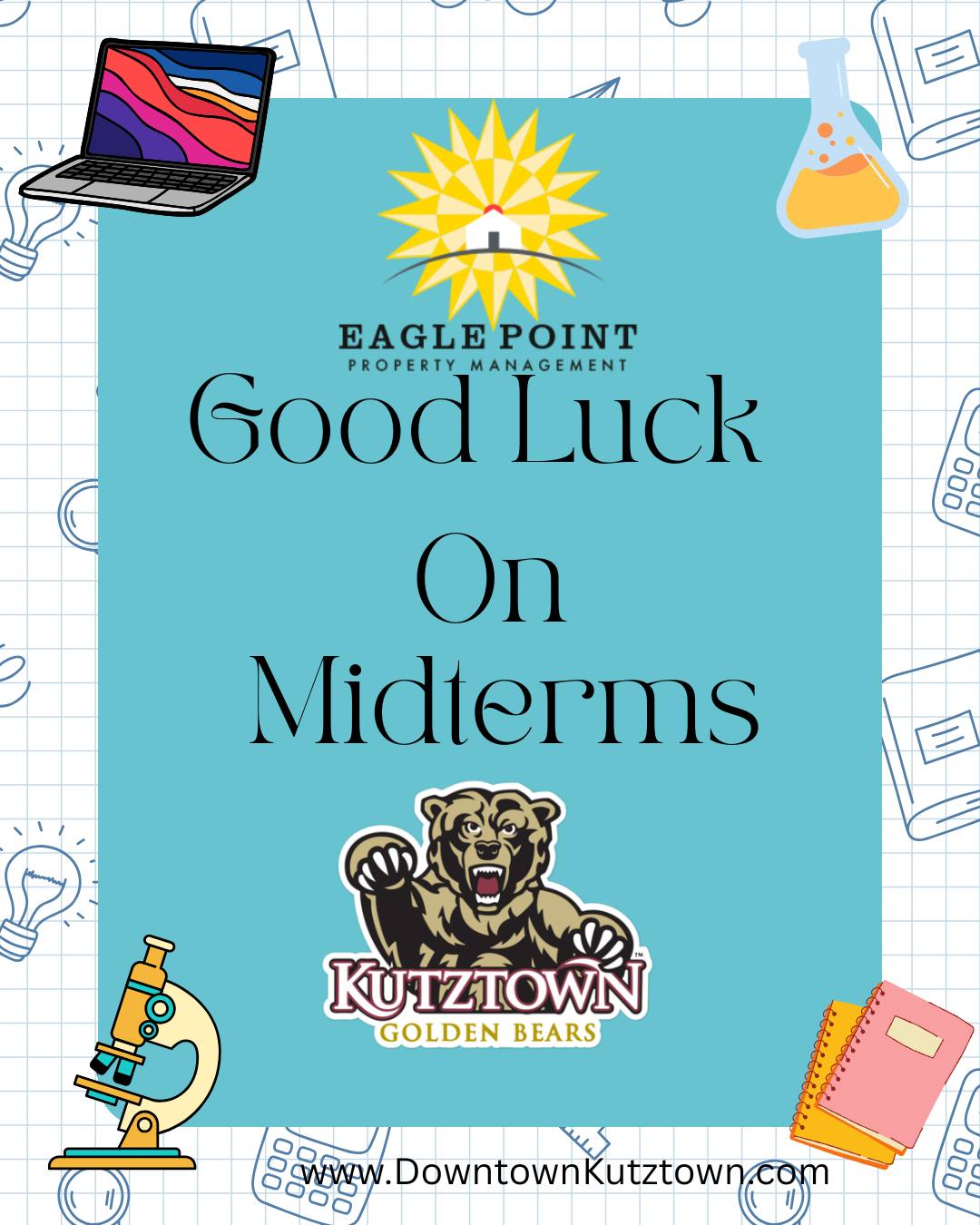Wishing all of our residents brainpower, focus, & just the right amount of caffeine ☕📝 You've got this! #eaglepoint #downtownkutztown #KU #goldenbears #kutztownuniversity #livehowyouwantto #collegelife #EPPM #March #Midterms #goodluck #exams