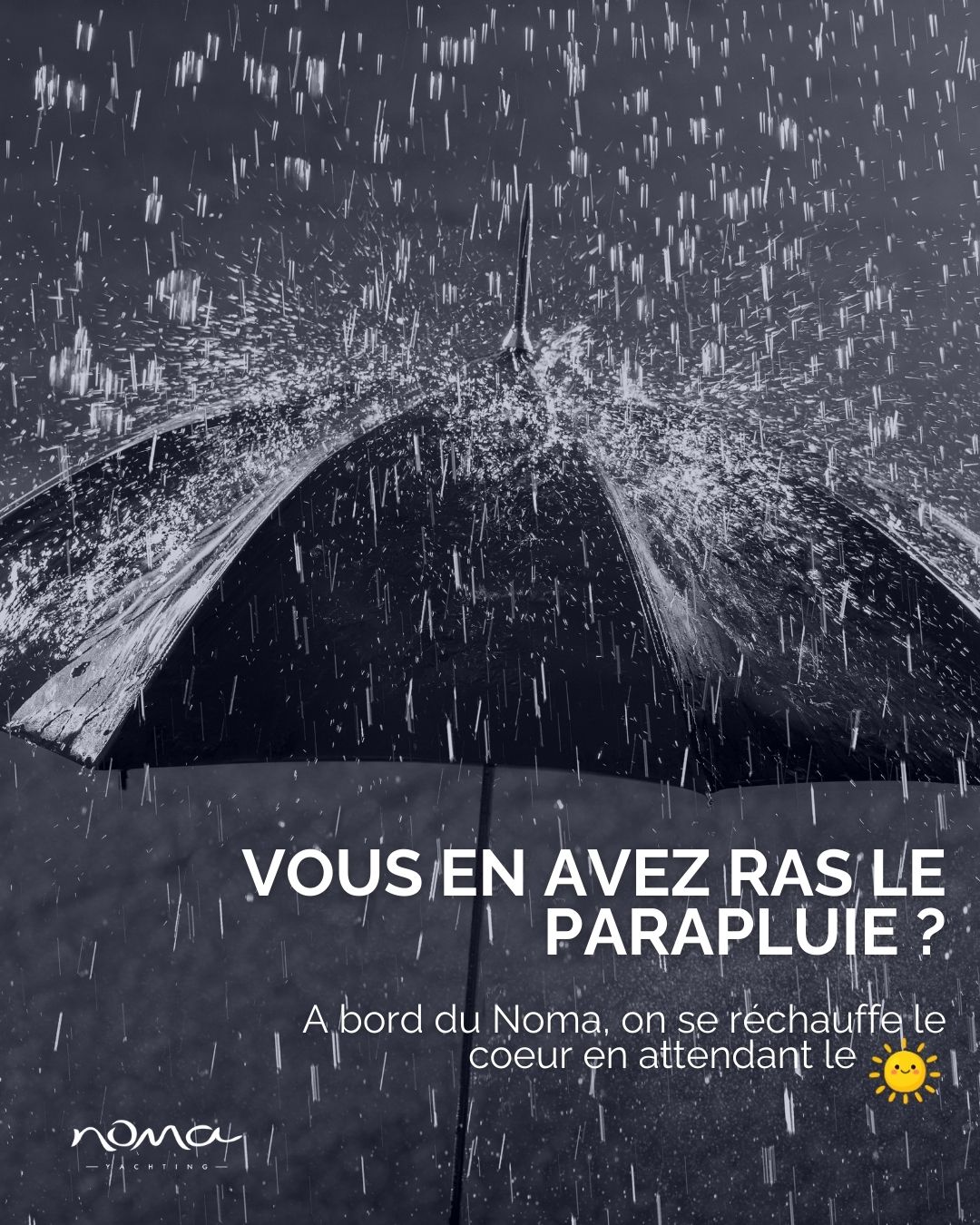 Vous aussi, vous en avez ras le bol de toute cette pluie ?
Passez donc à travers le gouttes 😉 : à bord du Noma, on prend le pari de transformer ce temps de 🐷 en moments uniques et tout cocooning.
Un conseil : dépêchez-vous car on vous le promet, le soleil et ses apéros en terrasse vont vite revenir... 🌞