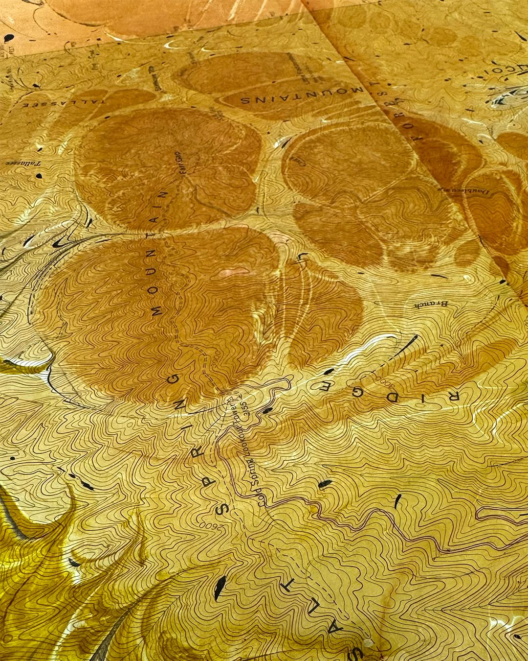 “WHITE OAKS” (detail) marbling on vintage topo map
The Great Smoky Mountains is one of the most visited National Parks in the country. And one reason why is the numerous waterfalls. Whiteoak Flats is part of the run of cascades that dot the region with four other falls nearby. So day tripping to this area in summer.
#AshevilleNC
#RiverArtsDistrict
#AshevilleArtist
#AVLart
#WNCart