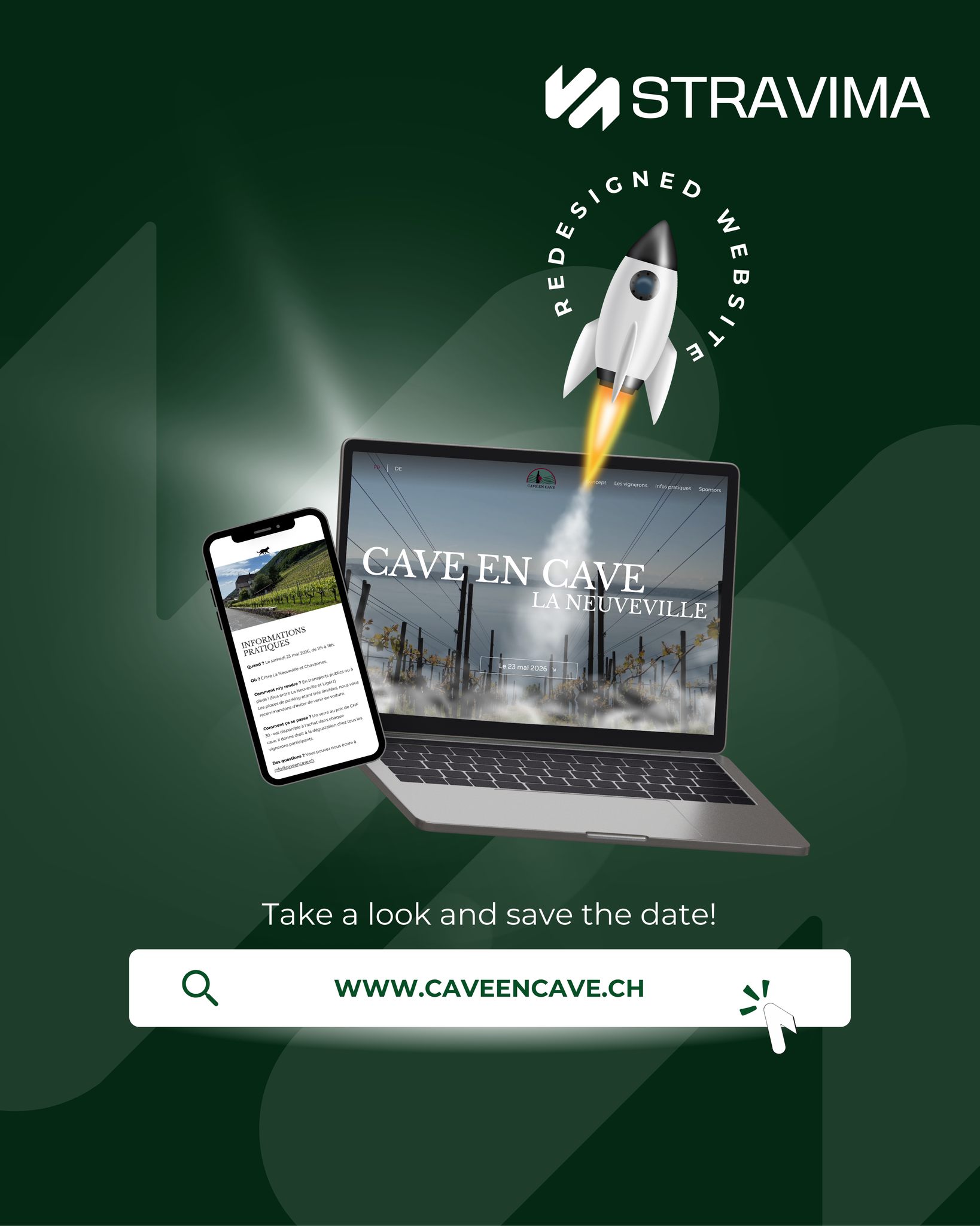 Cave en Cave revient en 2026 ! 🍷
Le site fait son refresh pour la nouvelle édition avec toutes les infos clés à portée de clic. 📅 Réservez la date : 23 mai 2026 (lien en bio)
On se réjouit déjà de cette nouvelle édition ✨
---
Cave en Cave kehrt 2026 zurück! 🍷
Die Website wird für die neue Ausgabe aktualisiert und bietet alle wichtigen Informationen auf einen Klick. 📅 Merken Sie sich das Datum vor: 23. Mai 2026 (Link in Bio)
Wir freuen uns schon jetzt auf diese neue Ausgabe ✨
#Stravima #CaveEnCave #Redesigned #SaveTheDate