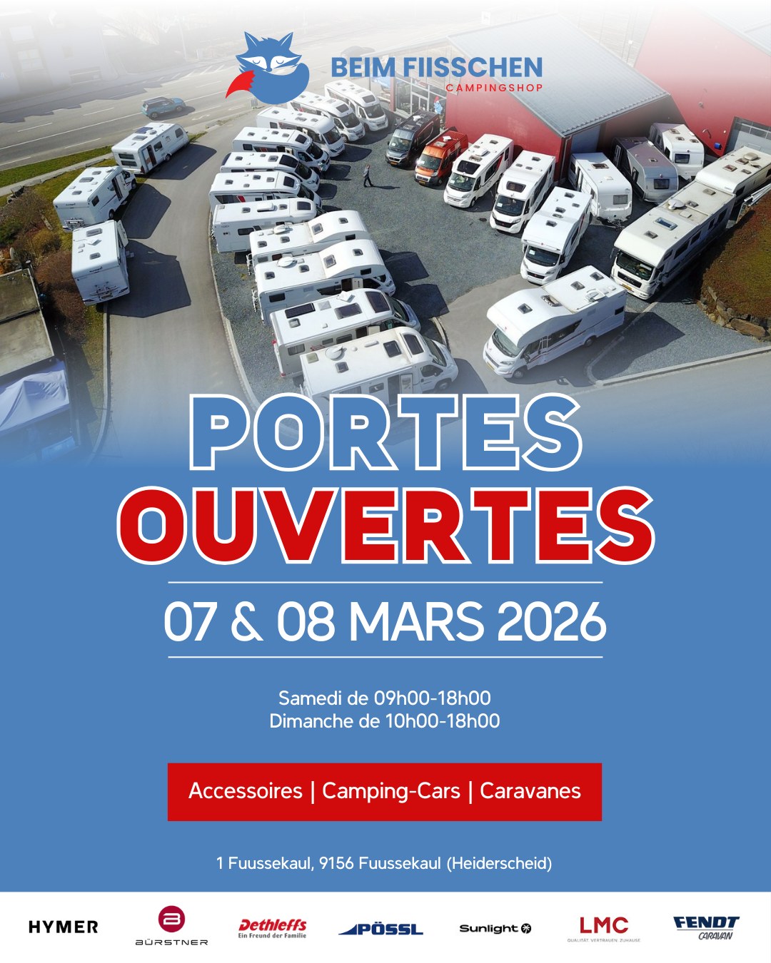 🗓️ Rendez-Vous de 7. & 8. Mäerz fir eis grouss Porte ouverte an der Fuussekaul! ⛺️
Kommt laanscht an entdeckt allerlee Camping-Accessoiren & flott Campere fir ze kafen oder ze lounen 🚐