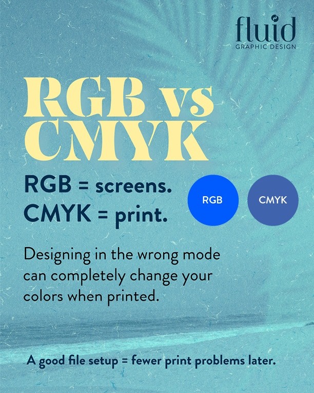 RGB = screens.
CMYK = print.
Designing in the wrong color mode can completely change your final result.
#RGBvsCMYK #FluidGraphicDesign #sarasota #florida #DesignTips #GraphicDesignEducation