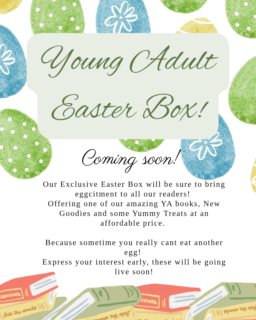 🐰🐣 The Easter Bunnies at Runes & Romance have you covered 🐰🐣
Box example coming soon!
Includes
🐰Book of choice
🐣Annotation kit
🐰Bookmark
🐣Socks
🐰scrunchie or hair claw
🐣Sweet treats (It is Easter after all)
!!!!And a 2 other surprises!!!!
Because lets be honest, there is only so many chocolate and PJs a person can have.
#notmorechocolate #runesandromance #easterbox #booksforeaster #easterbasket #easterbunny #supportlocalbusinesses❤️ #youngadult #ᴄᴏᴍɪɴɢsᴏᴏɴ #whattheyreallywant #smallbusinessinperth #supportlocalbusiness #smallbusinessbigdreams #australiasmallbusiness #smallbusinessonline #bookishlove #booklovers #bookstgram #bookadict #TBRProblems #tbrpile #getyourcartready