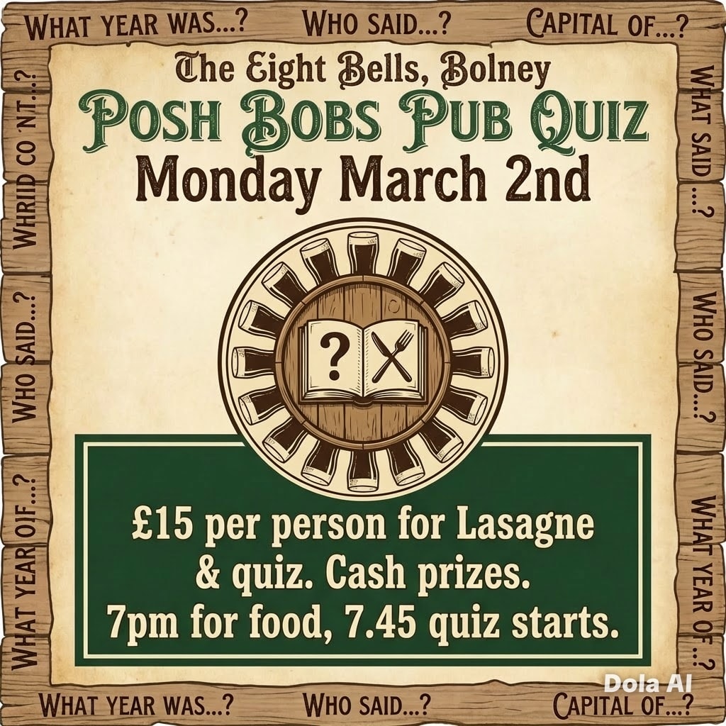 Posh Bob’s Monthly Monday Night Quiz is coming around fast! 🎉
Make sure you book your team (up to 6 people) for Monday 2nd March — it’s set to be another brilliant night!
This month’s delicious offering is homemade lasagne served with salad — the perfect fuel for some friendly competition.
It’s £15 per person, with food served at 7:00pm and Posh will be kicking off the quiz promptly at 7:45pm.
Call, email, or pop in to secure your team’s spot — we can’t wait to see you there!
PHONE: 01444 657888
EMAIL: PUB@EIGHTBELLSBOLNEY.COM