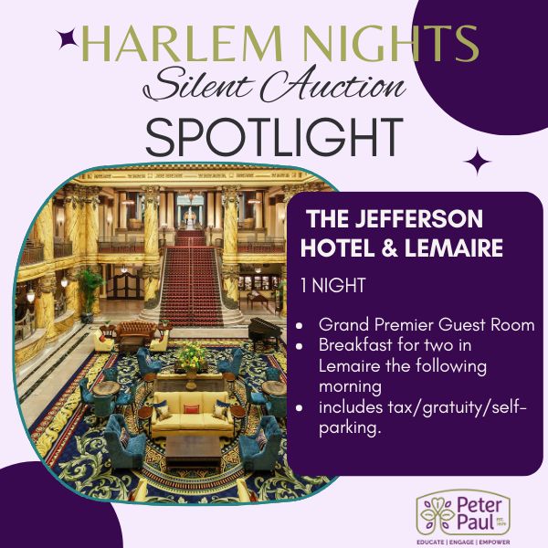 There are only 65 days until Harlem Nights!
Throughout March, we'll spotlight some of the exclusive packages, tickets, and luxury items up for bid at our silent auction, all in support of Peter Paul’s mission!
Enjoy one-night stay at one of Richmond's most iconic attractions, @thejeffersonhotel Relax in luxury in a Grand Premier Guest Room, and the following morning, stop into @lemairerichmond Lemaire for an extraordinary culinary experience. Enjoy breakfast for two selected from a modern menu featuring Virginia-grown ingredients with a Southern influence. Tax, gratuity, and self-parking are included in the package.
You can bid on this and many other exciting experiences when you join us on April 30 from 5–8 p.m. at the @hippodromerva Get your tickets today: peterpaulrva.org/events
#HarlemNights #PeterPaulRVA #SilentAuction #RichmondEvents #TheJeffersonHotel #Lemaire #RVALuxury #SupportNonprofits #CommunityImpact #RVA