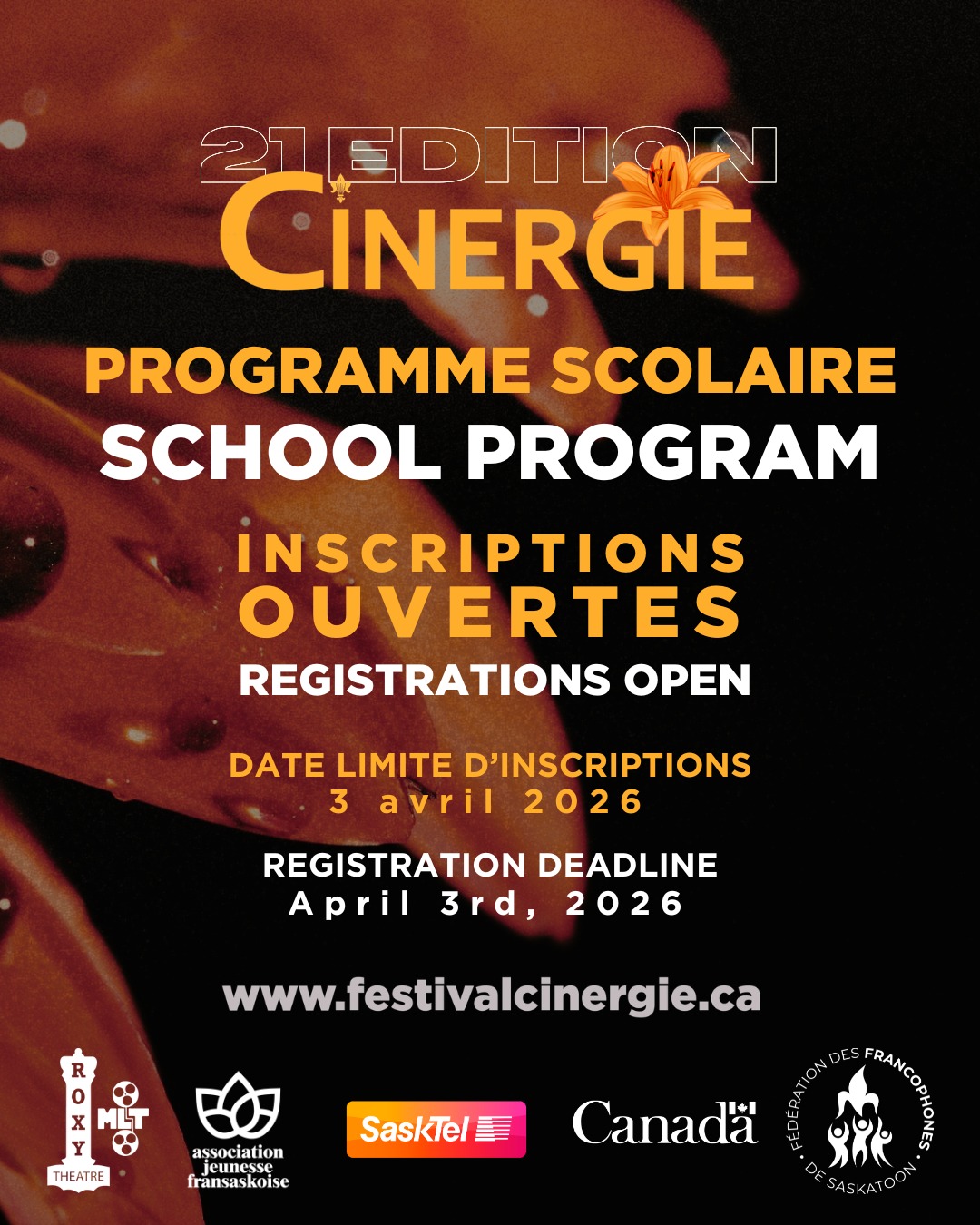 Les inscriptions sont ouvertes pour le Programme Scolaire de CINERGIE.
Vous voulez inscrire vos classes ? Le Festival propose aux écoles francophones et d’immersion françaises de Saskatoon des films scolaires au cinéma Roxy Theatre du 14 au 16 avril 2026. ️
➡️ Inscrivez vos classes à partir de notre page scolaire sur notre site web: www.festivalcinergie.ca. ️
⏳️ Date limite d'inscriptions: 3 avril 2026
@ajfsask @acf.officiel @ccfransaskois @apfransaskois @cef_sk @saskatoonpublicschools @repertoire_fresk