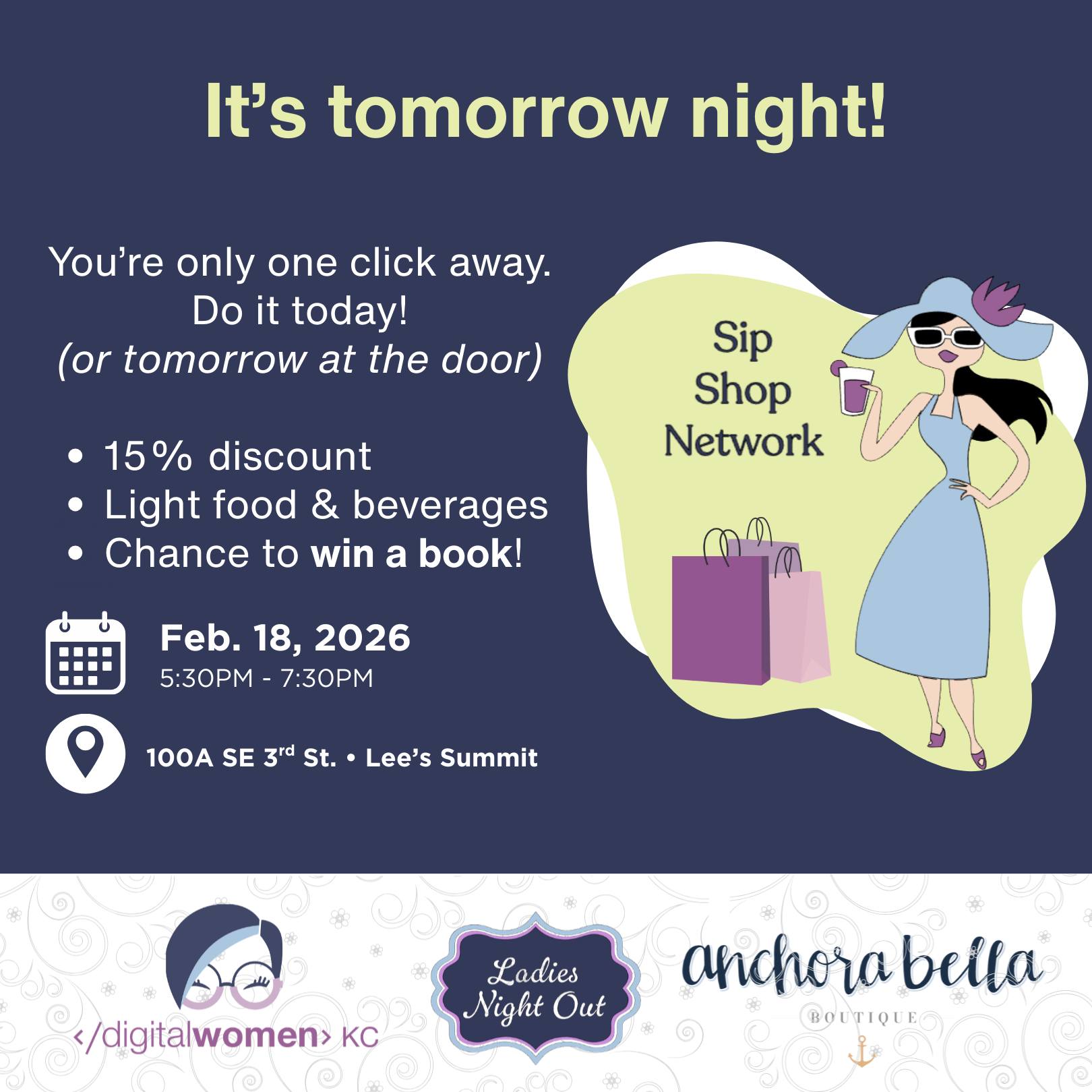 Have you signed up yet?
Our DWKC ๐๐ฎ๐ฑ๐ถ๐ฒ๐ ๐ก๐ถ๐ด๐ต๐ ๐ข๐๐ at Anchorabella Boutique is ๐๐ผ๐บ๐ผ๐ฟ๐ฟ๐ผ๐!
You still have time to register!
(Or if you're still juggling after-work schedules and commitments, that's ok - you can also sign up when you arrive).
We can't wait to see you!
#DWKC #WomenInTech #ShopLocal #Networking