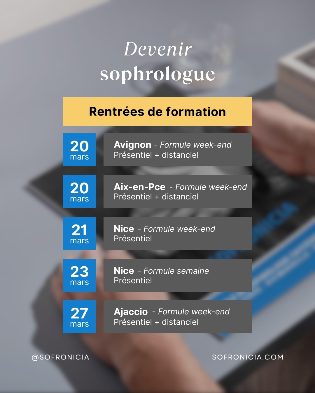Les prochaines rentrées de formation Sofronicia approchent.
À Nice, Ajaccio, Avignon et Aix-en-Provence, plusieurs formats sont proposés pour s’adapter à votre rythme, votre territoire et votre projet professionnel.
Rentrées de formation - Mars 2026
🔶 Vendredi 20 mars
Formule week-end, format hybride (présentiel + distanciel)
📍Aix-en-Provence
📍Avignon
🔶 Samedi 21 mars
Formule week-end (samedis & dimanches), en présentiel
📍Nice
🔶 Lundi 23 mars
Formule semaine (lundis & mardis), en présentiel
📍Nice
🔶 Vendredi 27 mars
Formule week-end, format hybride (présentiel + distanciel)
📍Ajaccio
Une formation certifiante en sophrologie caycédienne, alliant enseignement vivantiel, apports théoriques et accompagnement humain, pour construire un projet professionnel solide et porteur de sens.
Les inscriptions sont ouvertes.
📧 ecole@sofronicia.com
📞 06 84 70 51 29
🌐 www.sofronicia.com
#sofronicia #formationsophrologie #sophrologiecaycedienne #devenirsophrologue #reconversionprofessionnelle #formation2026
#formationsophrologue
