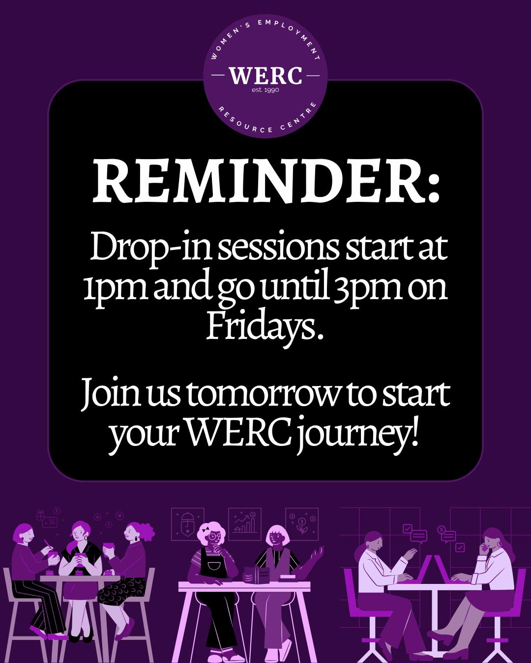 Want to give your job search a boost? Curious how WERC can help? Join us tomorrow for a drop-in session! ✨These sessions can help develop your resume and write cover letters for job applications, or get you registered to become a client at WERC (if you're not already!)
BTW: All services WERC provides are free to women 18+!