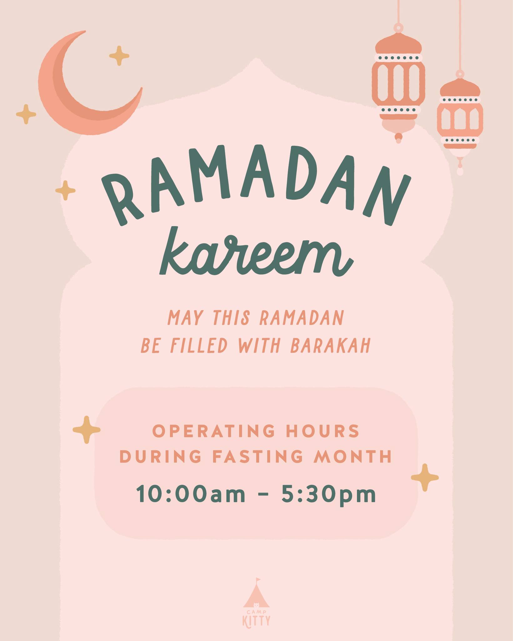 Wishing our Muslim friends a blessed Ramadan! May Allah accept all of our ibadah in this blessed month ✨
Camp Kitty will be closed on the 1st day of Ramadan, 19th Feb and we'll be back to serve you again on Friday.
Ramadan Operational Hours: 𝟭𝟬𝗮𝗺 - 𝟱:𝟯𝟬𝗽𝗺
Latest check-in/out timing: 𝟱𝗽𝗺