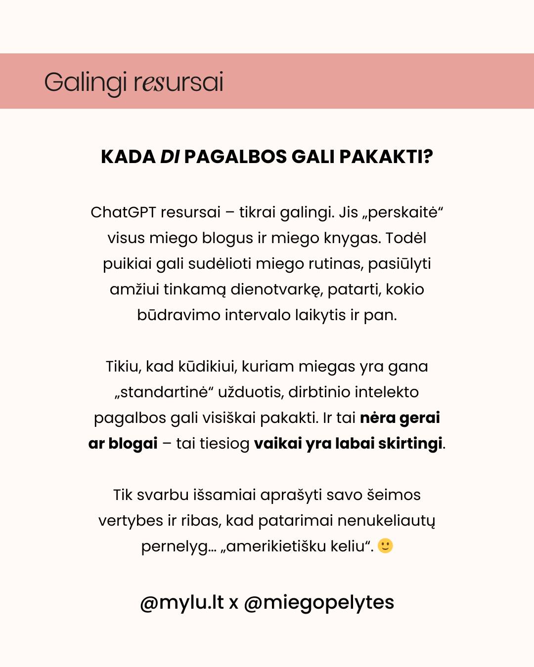 VISKAS? Ar tikrai atėjo diena, kai vaikų miego konsultantus pakeis dirbtinis intelektas?
🤖Pastaruoju metu konsultacijose vis dažniau išgirstu: „ChatGPT sakė, kad…“
Ir žinote ką? Kartais jis tikrai teisus! O kartais – nuvažiuoja į lankas.🌾
Yra viena labai svarbi detalė, kurios algoritmai neturi. Ir būtent ji dažniausiai lemia, ar miego planas suveiks, ar dar labiau supainios jūsų situaciją.
Apie tai – karuselėje. 👉
Jei esate bandę klausti ChatGPT apie miegą – smalsu, kokia buvo jūsų patirtis?
- kūdikių ir vaikų miego konsultantė Dovilė 🤍
⠀
#miegopelytes #miegopelytės #chatgpt #DIapiemiega #miegokonsultacija #miegokonsultante #motinyste #naujagimis #naujagimiomiegas #kudikiomiegas #dienotvarkė #tėvystė #motinystė #vaikas #kūdikis #miegas #kūdikiomiegas #miegopokyčiai