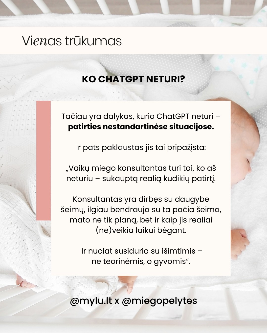 VISKAS? Ar tikrai atėjo diena, kai vaikų miego konsultantus pakeis dirbtinis intelektas?
🤖Pastaruoju metu konsultacijose vis dažniau išgirstu: „ChatGPT sakė, kad…“
Ir žinote ką? Kartais jis tikrai teisus! O kartais – nuvažiuoja į lankas.🌾
Yra viena labai svarbi detalė, kurios algoritmai neturi. Ir būtent ji dažniausiai lemia, ar miego planas suveiks, ar dar labiau supainios jūsų situaciją.
Apie tai – karuselėje. 👉
Jei esate bandę klausti ChatGPT apie miegą – smalsu, kokia buvo jūsų patirtis?
- kūdikių ir vaikų miego konsultantė Dovilė 🤍
⠀
#miegopelytes #miegopelytės #chatgpt #DIapiemiega #miegokonsultacija #miegokonsultante #motinyste #naujagimis #naujagimiomiegas #kudikiomiegas #dienotvarkė #tėvystė #motinystė #vaikas #kūdikis #miegas #kūdikiomiegas #miegopokyčiai