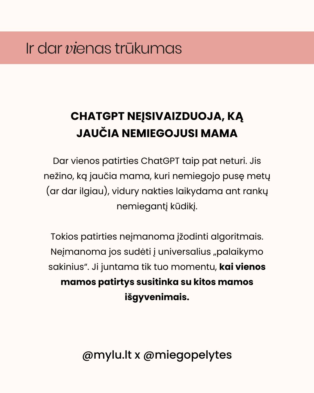 VISKAS? Ar tikrai atėjo diena, kai vaikų miego konsultantus pakeis dirbtinis intelektas?
🤖Pastaruoju metu konsultacijose vis dažniau išgirstu: „ChatGPT sakė, kad…“
Ir žinote ką? Kartais jis tikrai teisus! O kartais – nuvažiuoja į lankas.🌾
Yra viena labai svarbi detalė, kurios algoritmai neturi. Ir būtent ji dažniausiai lemia, ar miego planas suveiks, ar dar labiau supainios jūsų situaciją.
Apie tai – karuselėje. 👉
Jei esate bandę klausti ChatGPT apie miegą – smalsu, kokia buvo jūsų patirtis?
- kūdikių ir vaikų miego konsultantė Dovilė 🤍
⠀
#miegopelytes #miegopelytės #chatgpt #DIapiemiega #miegokonsultacija #miegokonsultante #motinyste #naujagimis #naujagimiomiegas #kudikiomiegas #dienotvarkė #tėvystė #motinystė #vaikas #kūdikis #miegas #kūdikiomiegas #miegopokyčiai