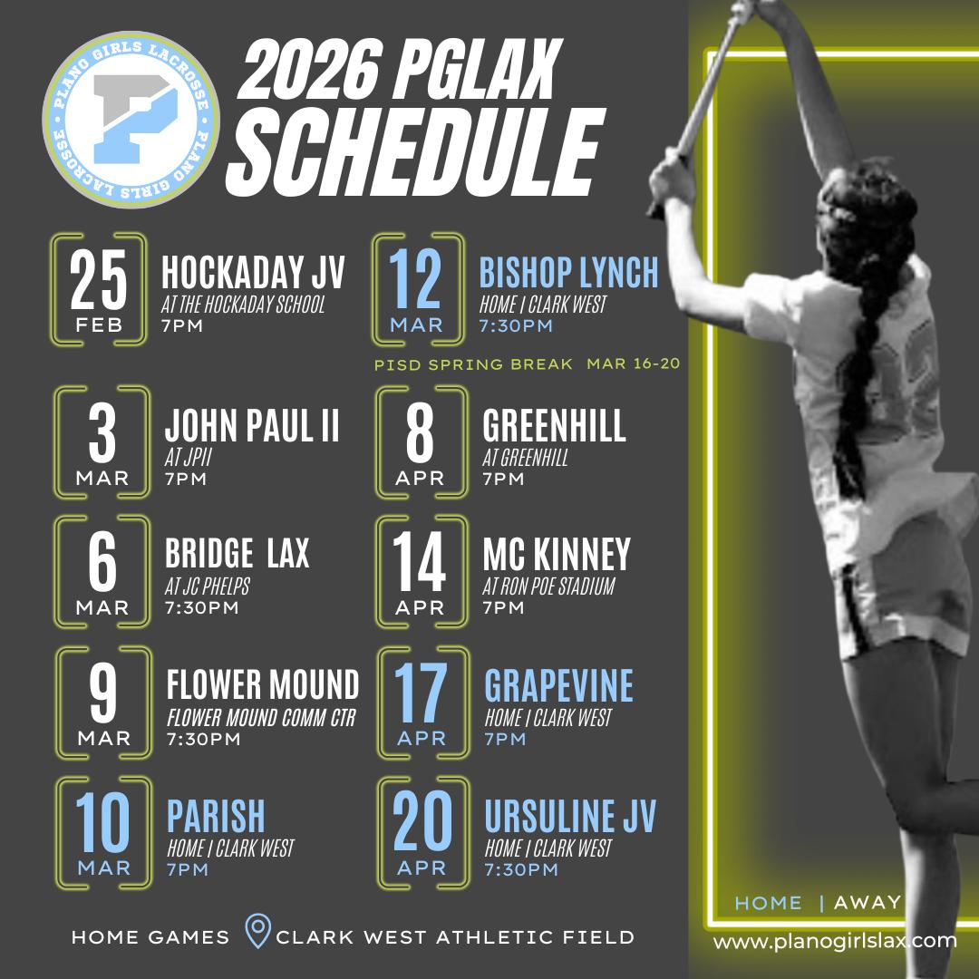 ✏️📅Mark your calendars! Our Spring schedule is here!
PGLAX opens the season on Wed, Feb 25th AT Hockaday (7PM)!
Be sure to follow for game day details and updates! Let’s go PLANO! 🩵🥍