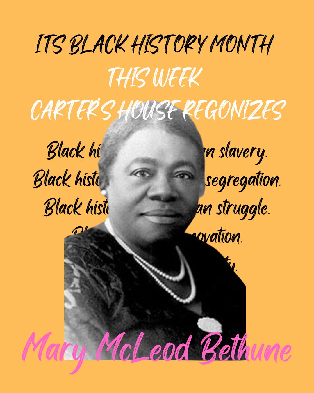 This week, we honor Mary McLeod Bethune — educator, leader, and founder of Bethune-Cookman University.
She built a school with just $1.50 and faith — proving that vision doesn’t start with resources, it starts with belief.
Her legacy reminds us that education is empowerment. When you teach one child, you impact a generation. When you build one institution, you shift a community.
At Carter’s House, we believe in that same mission — equipping families, uplifting youth, and turning small seeds into lasting change.
From $1.50 to a university.
From faith to foundation.
From vision to victory.
#BlackHistoryMonth #Cartershouse #CHCares #EducationIsPower #LegacyBuilders #CommunityImpact