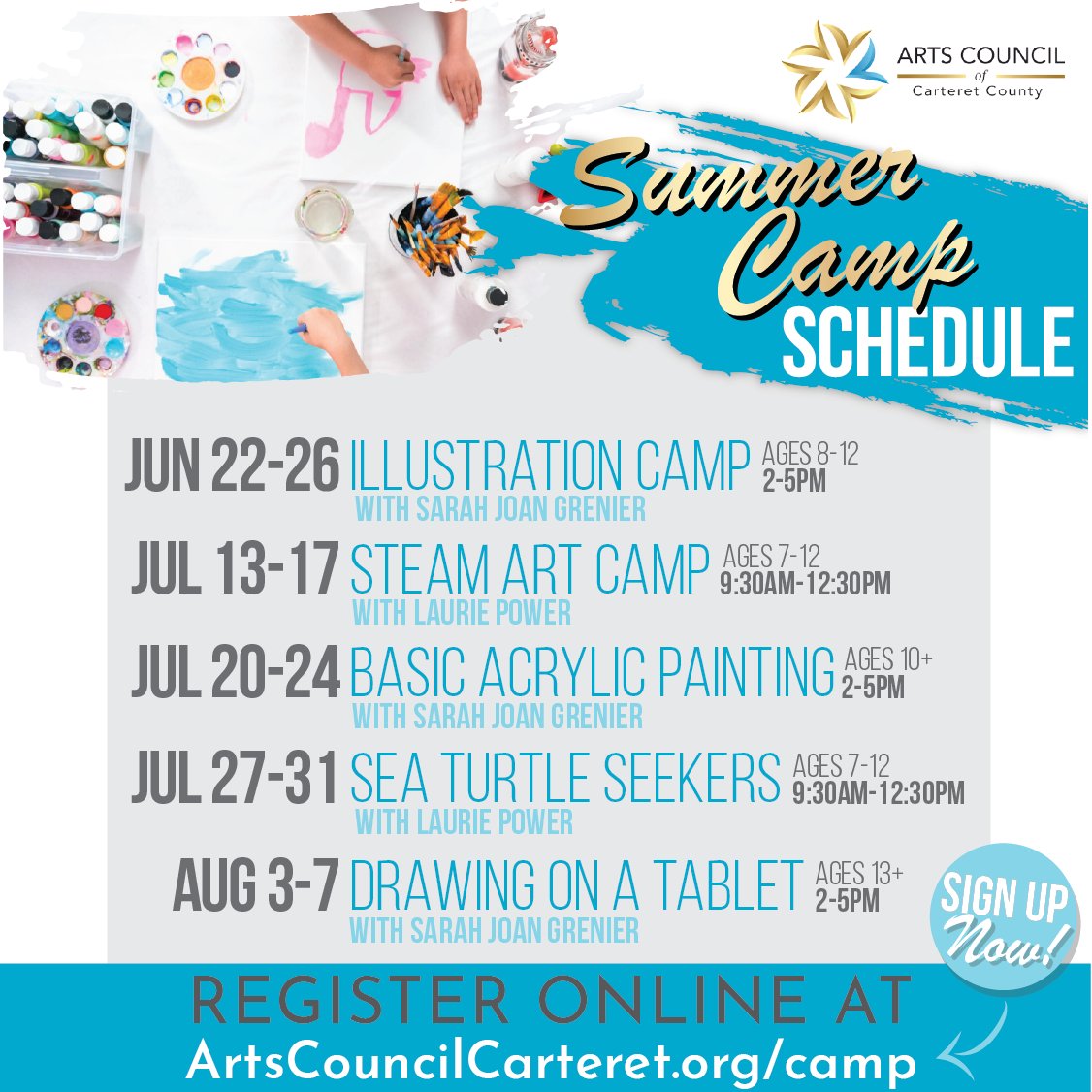 🎨 Our SUMMER ART CAMP line up is here! From "steam art" 🎨 to tablet drawing 🖌 - there is something for everyone, from 7-year-olds to teenagers!
Check out ArtsCouncilCarteret.org/camp for the full line up and all of the details, plus links to register 💻
📣 SIGN UP NOW! Spaces fill up quickly and you don't want your kids to miss out on these great opportunities!
#summercamps #artcamp #summerartcamp #crystalcoastnc #artforkids #artatthebeach #artscouncil #carteretcount