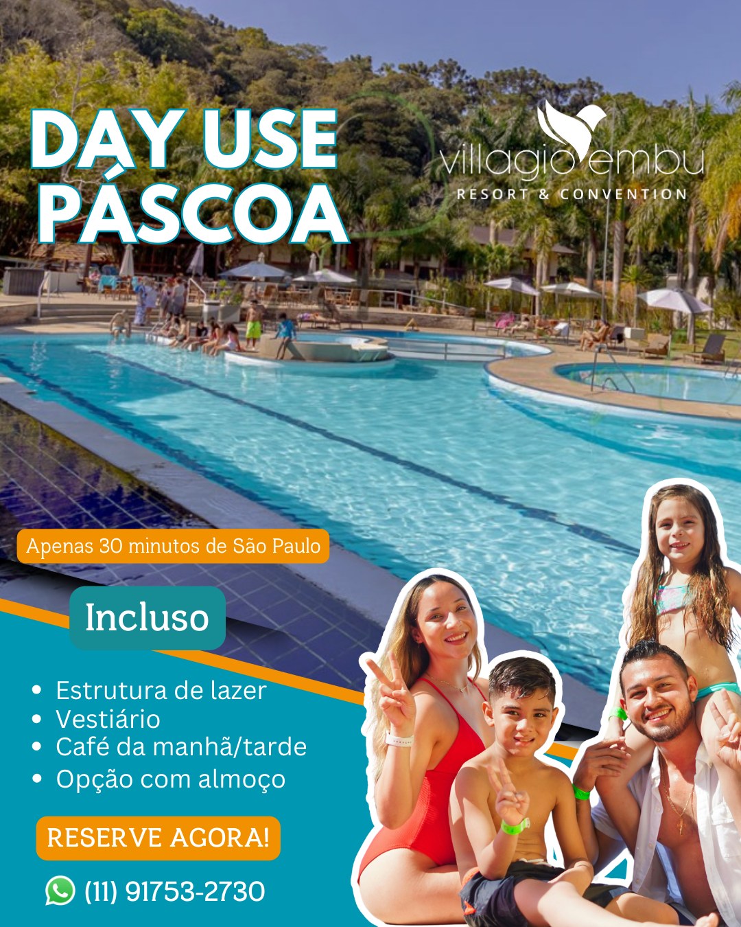 🐰✨ DAY USE DE PÁSCOA VILLAGIO EMBU!
A Páscoa pode ser um dia inteiro de diversão, sabores e momentos especiais em família no Villagio Embu Resort & Convention.
Com o Day Use de Páscoa, você aproveita toda a estrutura de lazer do resort sem precisar se hospedar: piscinas, quadras, trilhas, brinquedoteca, sala de jogos e recreação para as crianças — tudo cercado pela natureza e a apenas 30 minutos de São Paulo.
🍽️ Café da manhã e café da tarde incluídos
🍴 Opção com almoço para aproveitar o dia completo
🏊♂️ Piscinas e atividades para todas as idades
🌿 Um dia especial de Páscoa com lazer, gastronomia e experiências em família
Das 8h às 18h, é só chegar e viver um feriado diferente, com conforto, recreação e muita diversão.
👉 Garanta seu Day Use e celebre a Páscoa com quem você ama. Ainda dá tempo de fazer sua reserva!
#VillagioEmbu #DayUse #PascoaEmFamilia #ResortPertoDeSP #LazerEmFamilia #EmbuDasArtes #PasseioDePascoa #DayUseSP #TurismoSP #ExperienciasEmFamilia