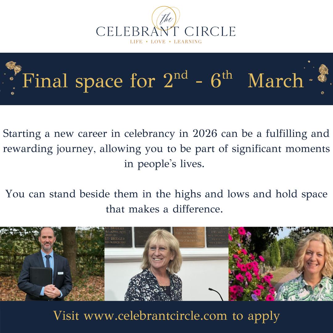 Thinking about becoming a celebrant? ✨
Join us this 2nd–6th March in Redditch, Worcestershire for our immersive, in-person Celebrant Circle training.
Training face-to-face makes all the difference, you don’t just learn the theory, you experience it.
You’ll practise real ceremony skills, build confidence through interactive activities, and receive supportive, personal feedback in a warm, encouraging environment.
Just as importantly, you’ll become part of a genuine community.
Many of our trainees form lasting friendships and continue to support one another long after the course ends.
And with Celebrant Circle, your journey doesn’t stop at graduation; you’ll have ongoing guidance, resources, and a network cheering you on as you grow your celebrant career.
If you’re ready to step into meaningful, heart-led work, we’d love to welcome you. 💛
Message us to find out more, or visit our website - www.celebrantcircle.com for loads more info.
Shelley and Jacqueline
#celebrantbusiness #celebrantuk #celebrantcircletraining #ukcelebranttraining