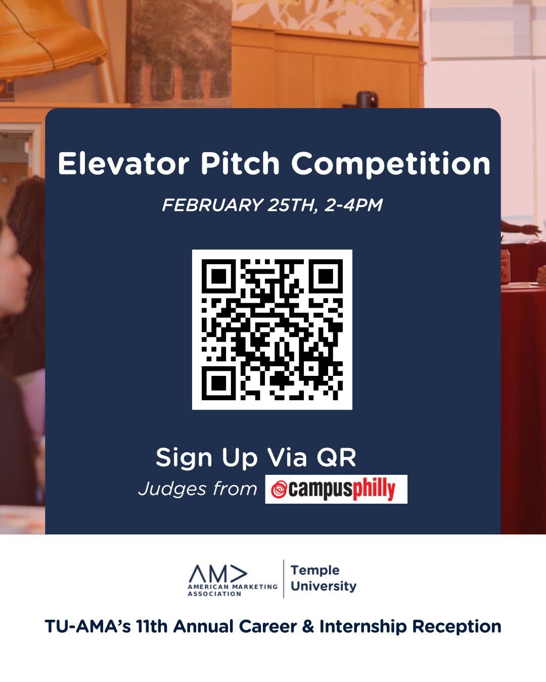 🎤✨ Ready to make your pitch?
The Elevator Pitch Competition is happening at the 11th Annual TU-AMA Career & Internship Reception! 🚀
Open to ALL students attending the conference, this is your chance to showcase your skills and impress our judges from CampusPhilly 👏
✅ First, register to attend the Career & Internship Reception
📲 Then, use the QR code to sign up for the competition!
Come prepared to deliver your best pitch.
Questions or concerns? Reach out to us anytime!