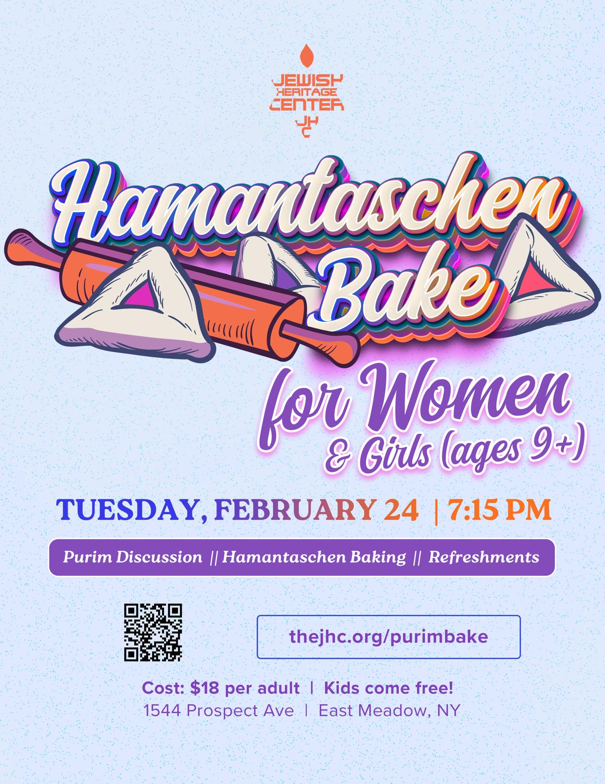 A special evening of Purim inspiration and hands-on hamentaschen baking for women and girls (ages 9+)!
Reserve your spot today.
Sign up here:https://www.thejhc.org/purimbake
