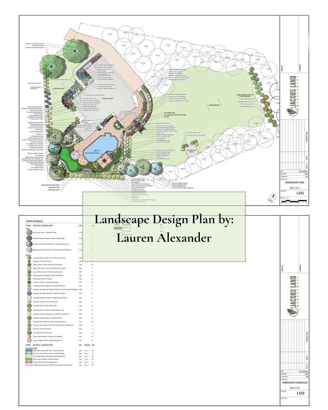Proud to share this landscape design plan by our newest team member, Lauren Alexander. Clean lines, thoughtful layout, and a clear design intent throughout. The plant schedule is thorough and well organized, providing a complete picture of size, spacing, and quantities, making the plan easy for clients to interpret and for our crews to execute. We are lucky to have her talent on the team and look forward to bringing designs like this from plan to reality.
#Jacobslandmanagement
#LandscapeDesign
#LandscapeArchitecture
#womeninmaledominatedfields
#womeninarchitecture