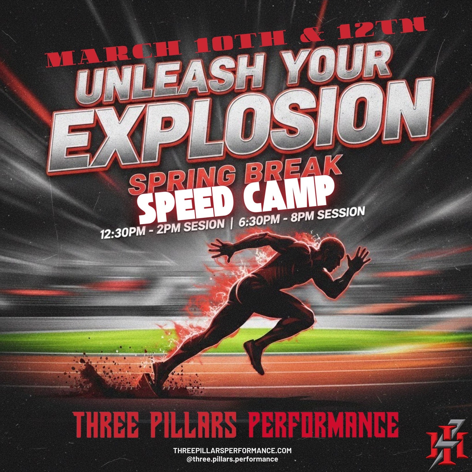 UNLEASH YOUR EXPLOSION! 🔥 Spring Break Speed Camp is LIVE! March 10th & 12th. Two 90-minute sessions daily: 12:30pm-1:30pm & 6:30pm-8pm. Lateral speed. Acceleration. Agility. Plyometrics. Injury prevention. Limited spots available. REGISTER NOW: https://threepillarsperformance.com/springbrkspdcamp 💪