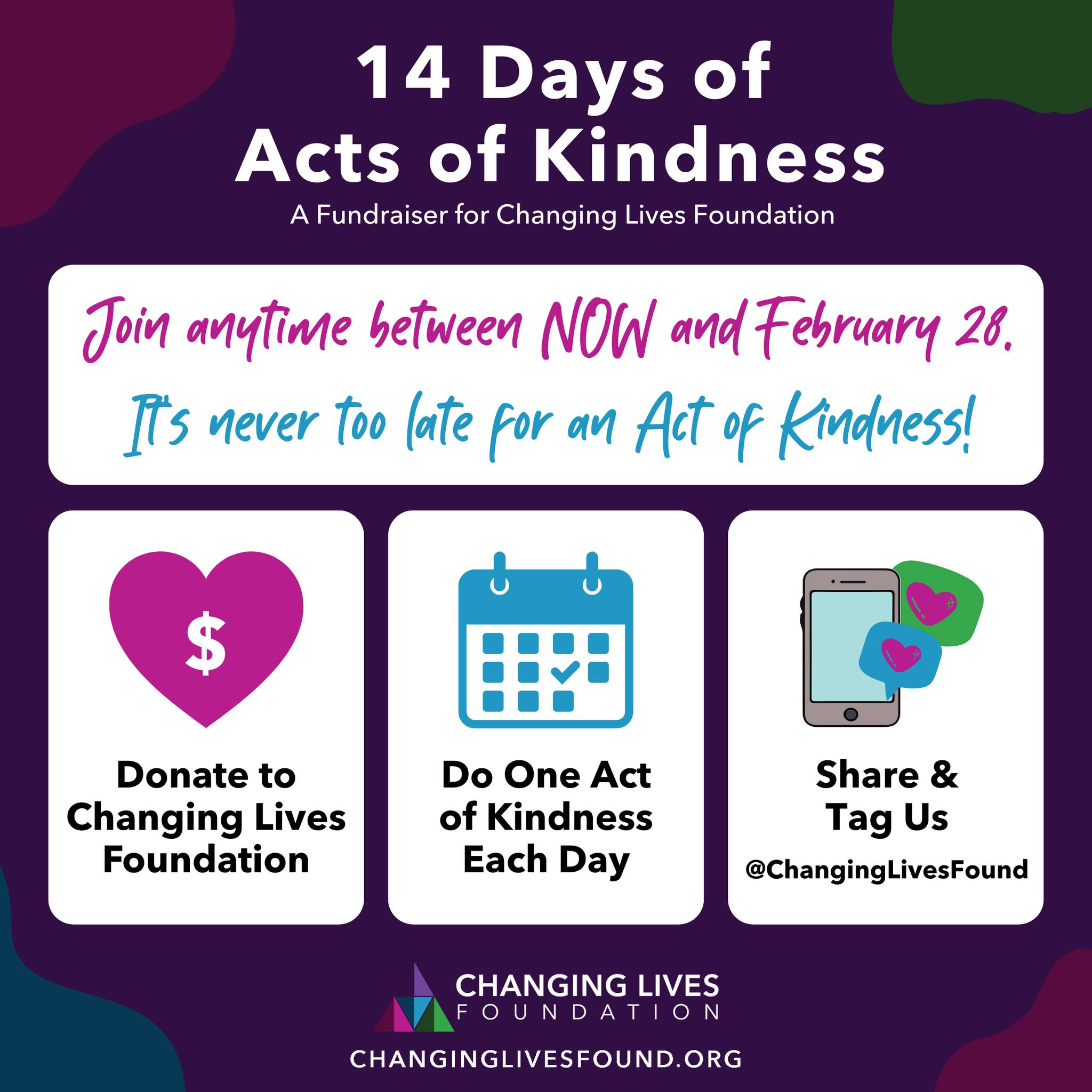 Simple acts of kindness. Join us and be part of something that truly makes a difference 💜
Donate here: changinglivesfound.org/donate
#changinglivesfound #up2Him #nonprofit #fundraiser #kindness #actsofkindness #14days #february